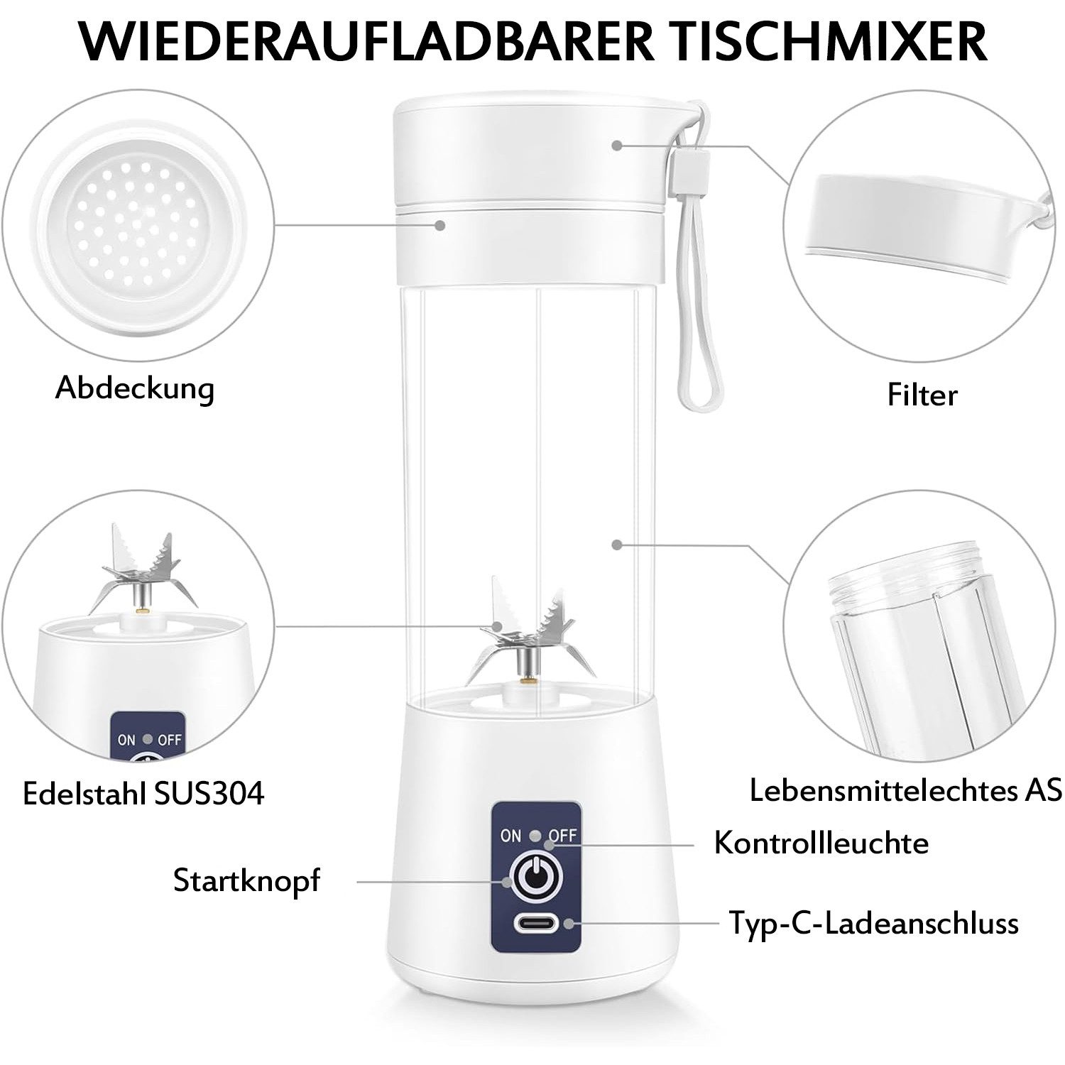 TUWENA Standmixer Tragbarer Mini-Mixer 380ml mit 6 Klingen aus Edelstahl Wiederaufladbar, für Smoothies und Shakes Reisen und Küche