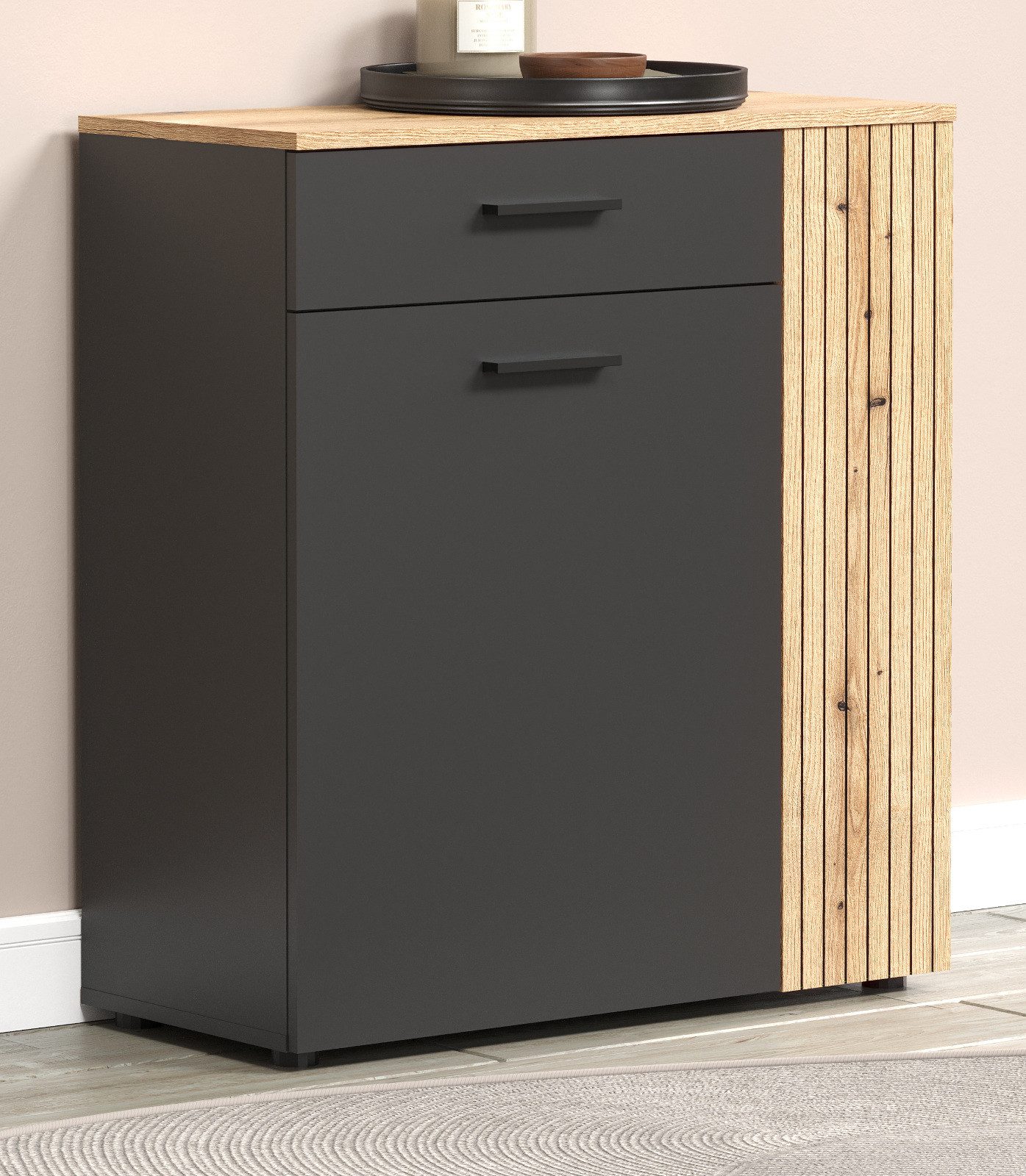 Furn.Design Schuhkommode Avila (Kommode in Anthrazit und Evoke Eiche, 80 x 88 cm), mit Vollauszug, Staboptik
