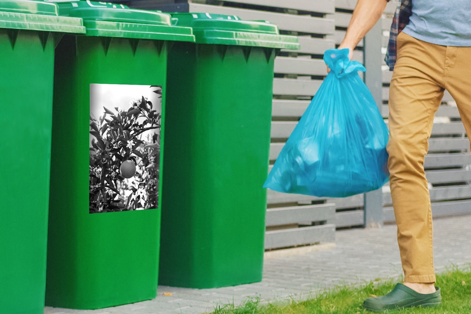 Mülleimer-aufkleber, MuchoWow und (1 Wandsticker St), Abfalbehälter - im Sticker, Mülltonne, schwarz Orangen mit Baum weiß Container, Orangenblüte