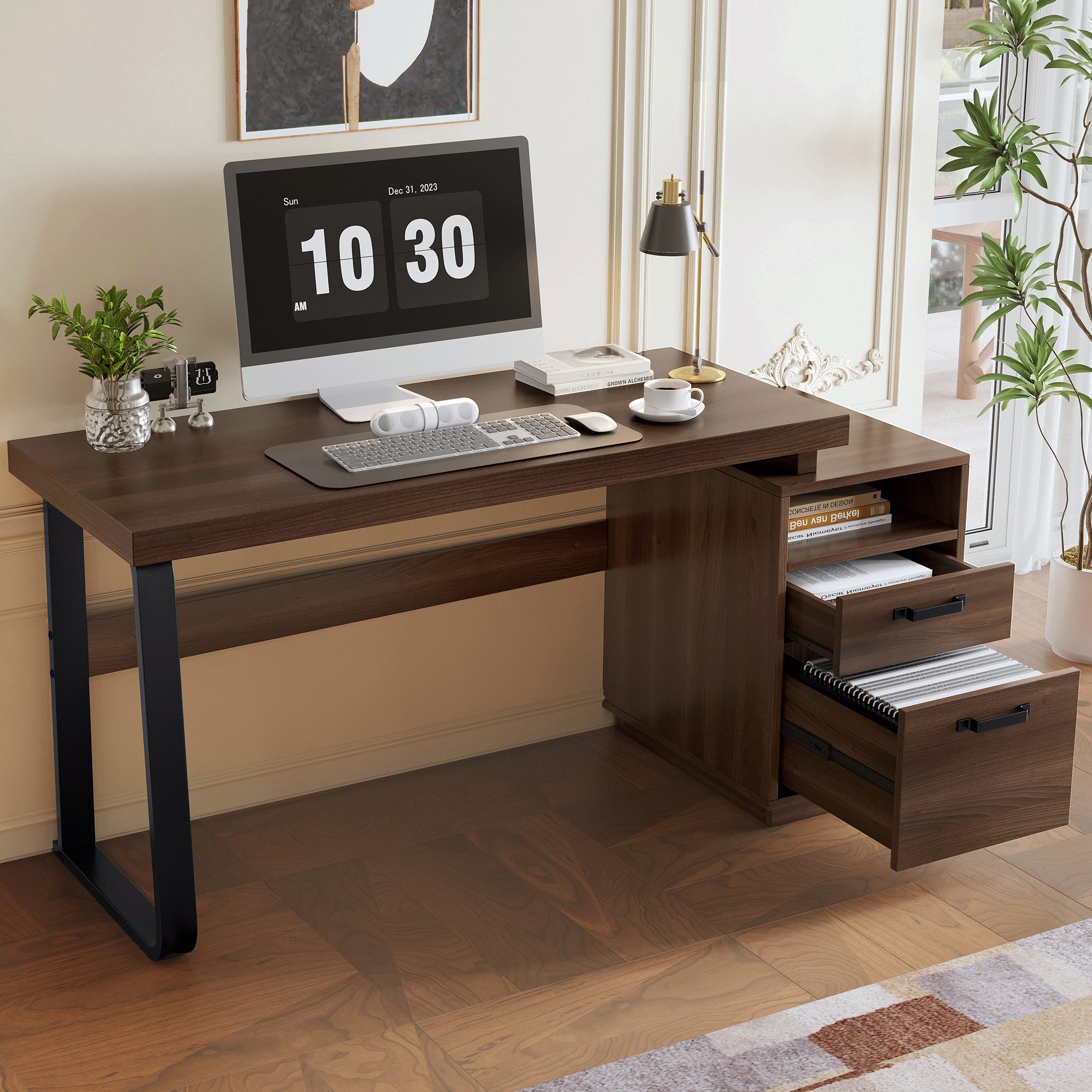 KLAM HOME Schreibtisch 135 x 54 x 76cm moderner Schreibtisch im minimalistischen Stil (multifunktionales Aufbewahrungsdesign, geräuschlose Schublade), MDF-Schreibtischplatte mit hochwertigem Stahlrohr, super belastbar