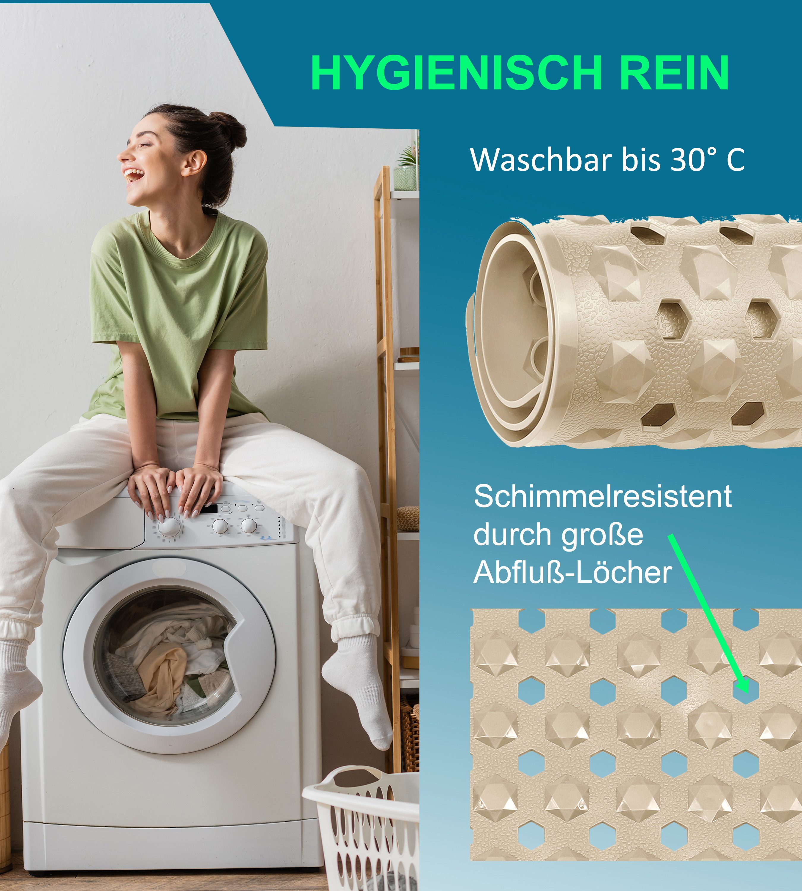 Blumbach Duschmatte - griffige Antirutschmatte Diamant 53 x 53 cm, - 100% BPA-frei, inkl. 2 Haken zum Aufhängen, Duscheinlage, schimmelressisten & maschinenwasc – Bild 5 von 5