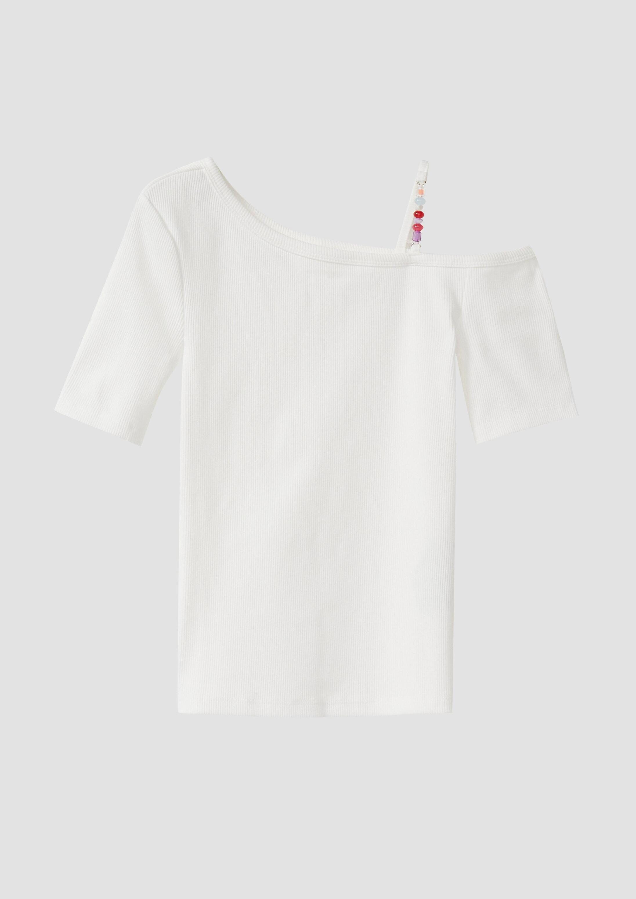 s.Oliver Kurzarmshirt T-Shirt Rippshirt mit asymmetrischem Ausschnitt und Schmuckperlen
