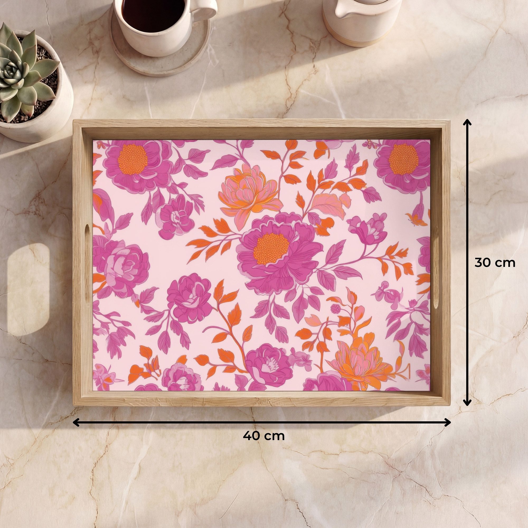 OnlyWow Tablett Rechteckig mit Henkel Florales Muster - Rosa - Orange - Blumen, Eichenholz, (1-tlg), Siervierplatte, Tray, Frühstücksbrett