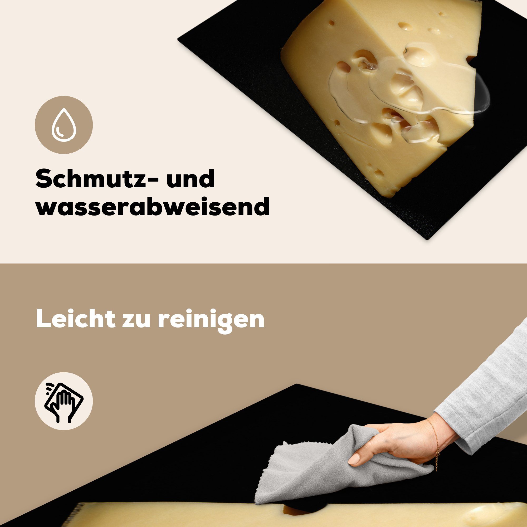 MuchoWow Herdblende-/Abdeckplatte Schweizer Arbeitsfläche (1 70x52 Vinyl, tlg), schwarzem cm, Mobile auf Hintergrund, Ceranfeldabdeckung Käse nutzbar