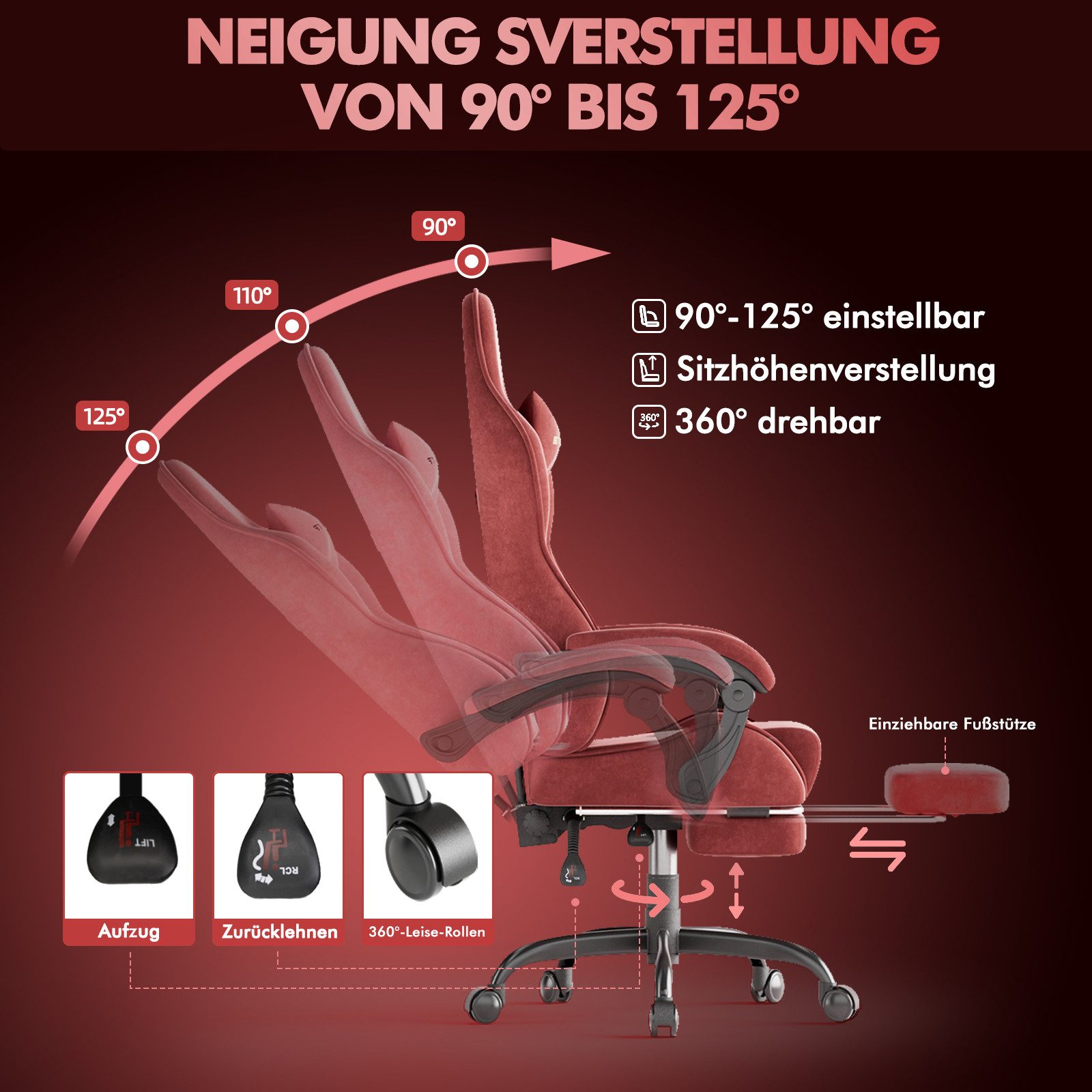 Ferghana Gaming-Stuhl Gaming-Stuhl: Kopfstütze, Lendenkissen, Armlehnen, Fußstütze (Packung), Ergonomischer PC-Stuhl,Rückenlehne 90°-125° – Bild 4 von 5