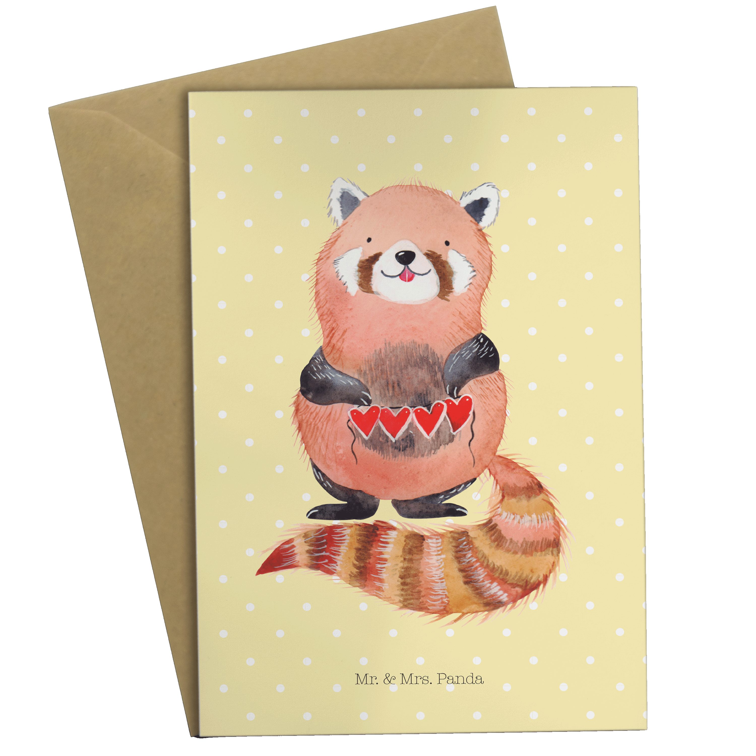 Mr. & Mrs. Panda Grußkarte Roter Panda - Gelb Pastell - Geschenk, Tiere, Einladungskarte, Herz