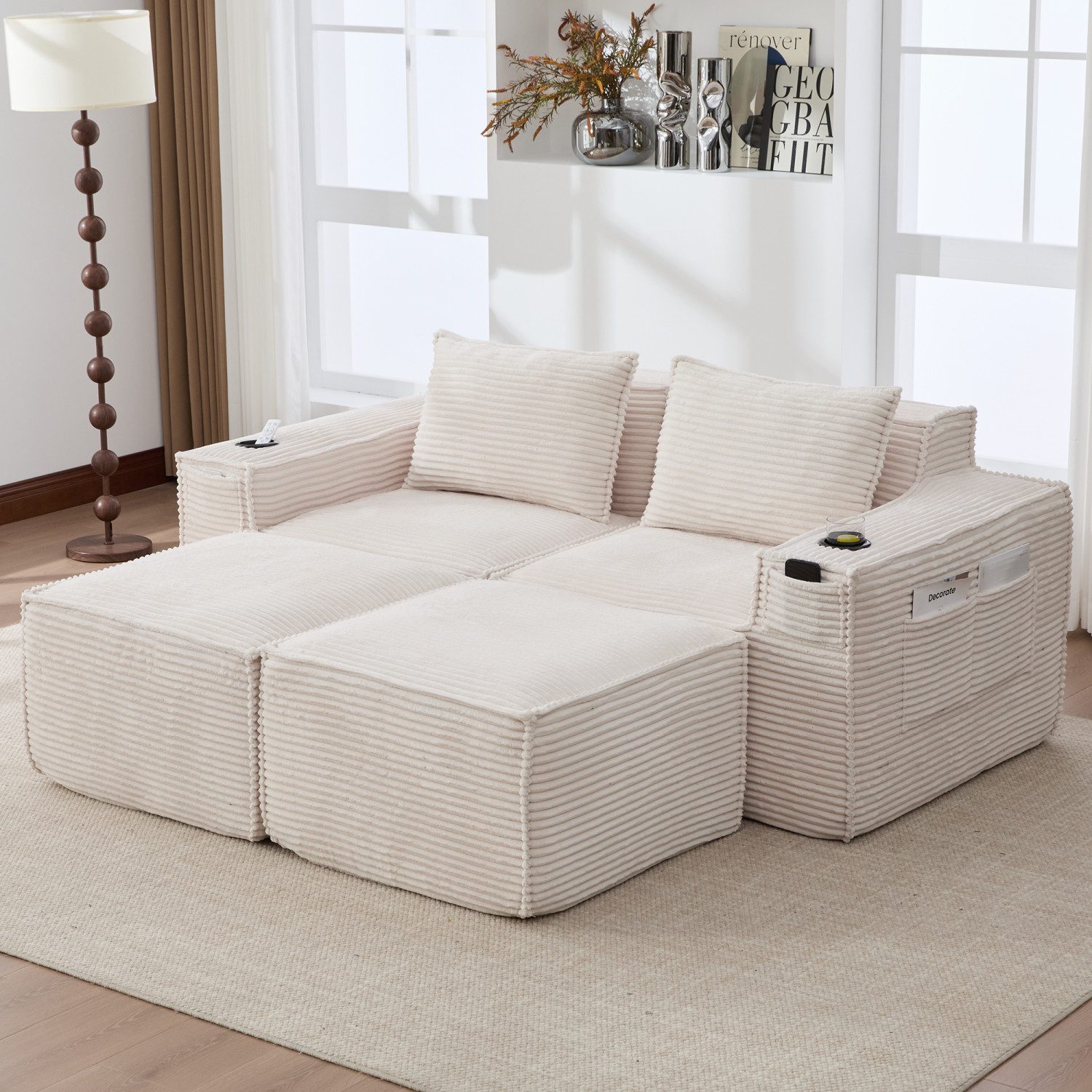 ANYSUN Sofa Modulares Schlafsofa Polstersofa Ecksofa,2-Sitzer & 4-Sitzer-Cordsofa, Cord-Schlafsofa,Federkern und hochdichter Schaumstoff,mit Getränkehaltern, 2-Sitzer&4-Sitzer-Cordsofa mit 2 Hockern,für Wohnzimmer und Apartments