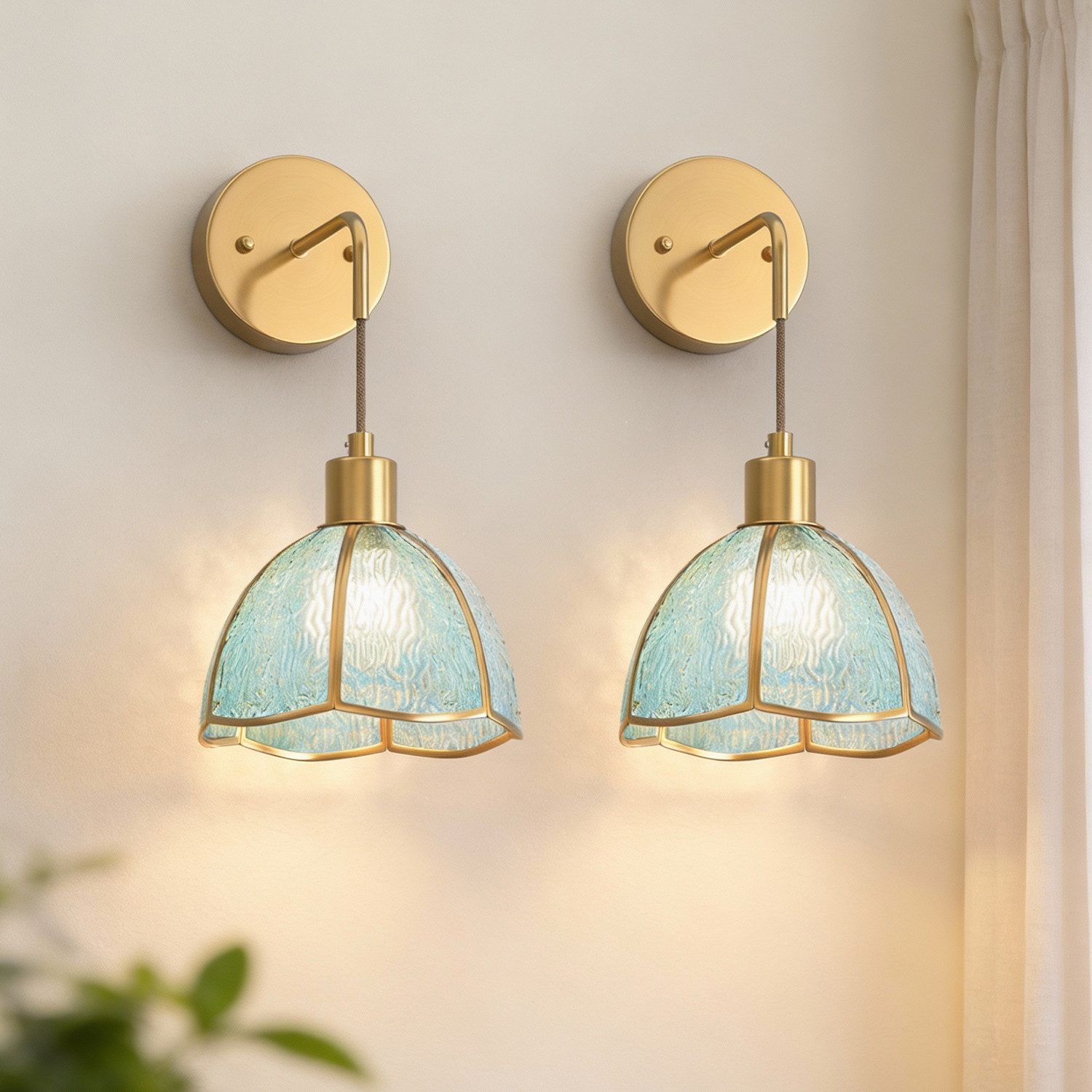 LOHAS-LED Wandleuchte 2er-Set kabellose Akku-Wandleuchten mit grünem Glas-Domschirm, LED wechselbar, E26 RGBCW dimmbar, per Fernbedienung steuerbar