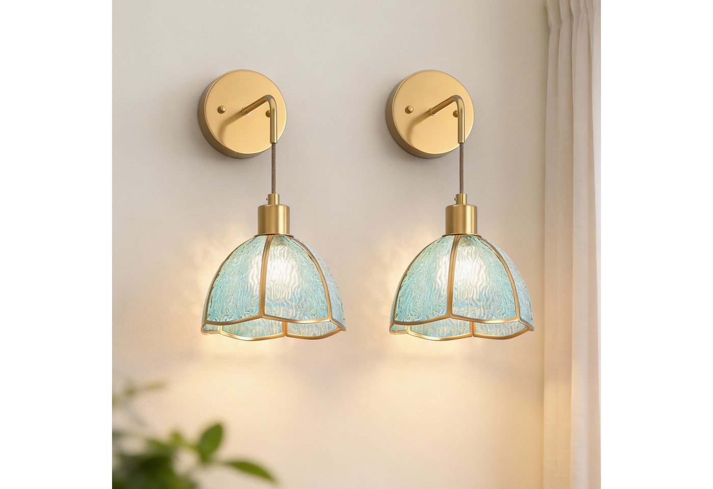 LOHAS-LED Wandleuchte 2er-Set kabellose Akku-Wandleuchten mit grünem Glas-Domschirm, LED wechselbar, E26 RGBCW dimmbar, per Fernbedienung steuerbar