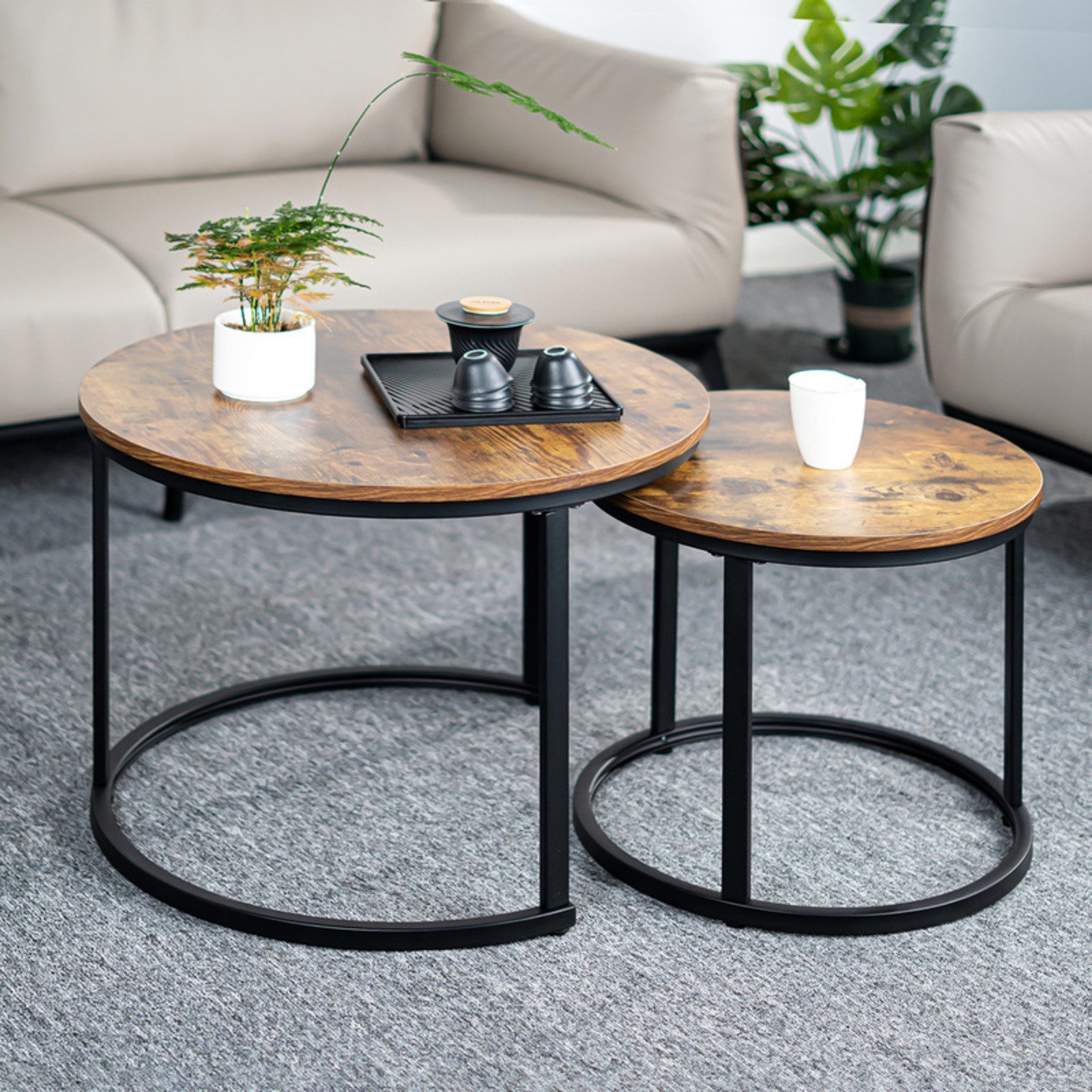 Couchtisch 2er-Set runde Beistelltische aus Holz & Metall
