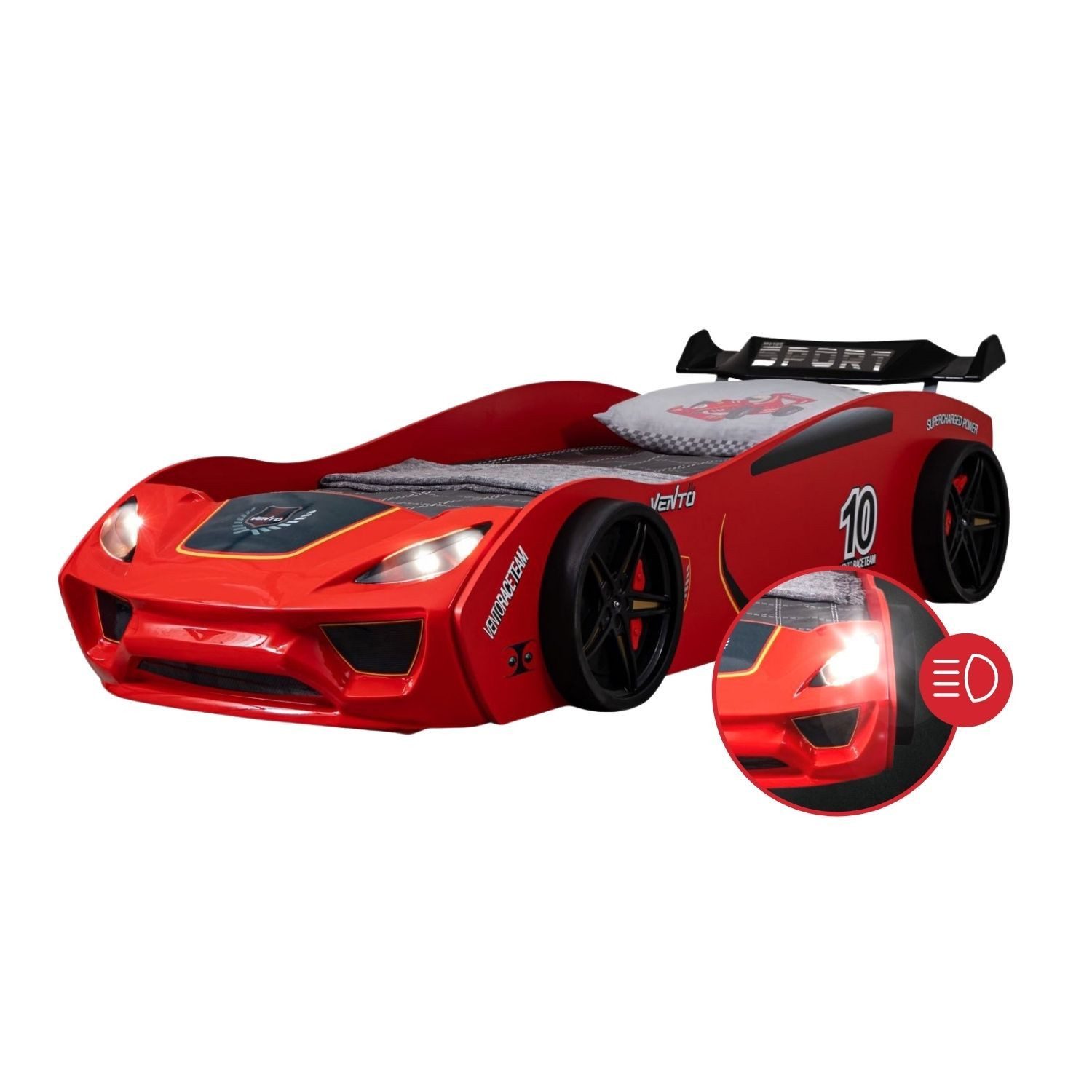 Coemo Autobett DREAM RACER (Spielbett mit Spoiler), Rot Kinderbett 90x200 Rennwagen inkl. Lattenrost LED-Licht Spielbett