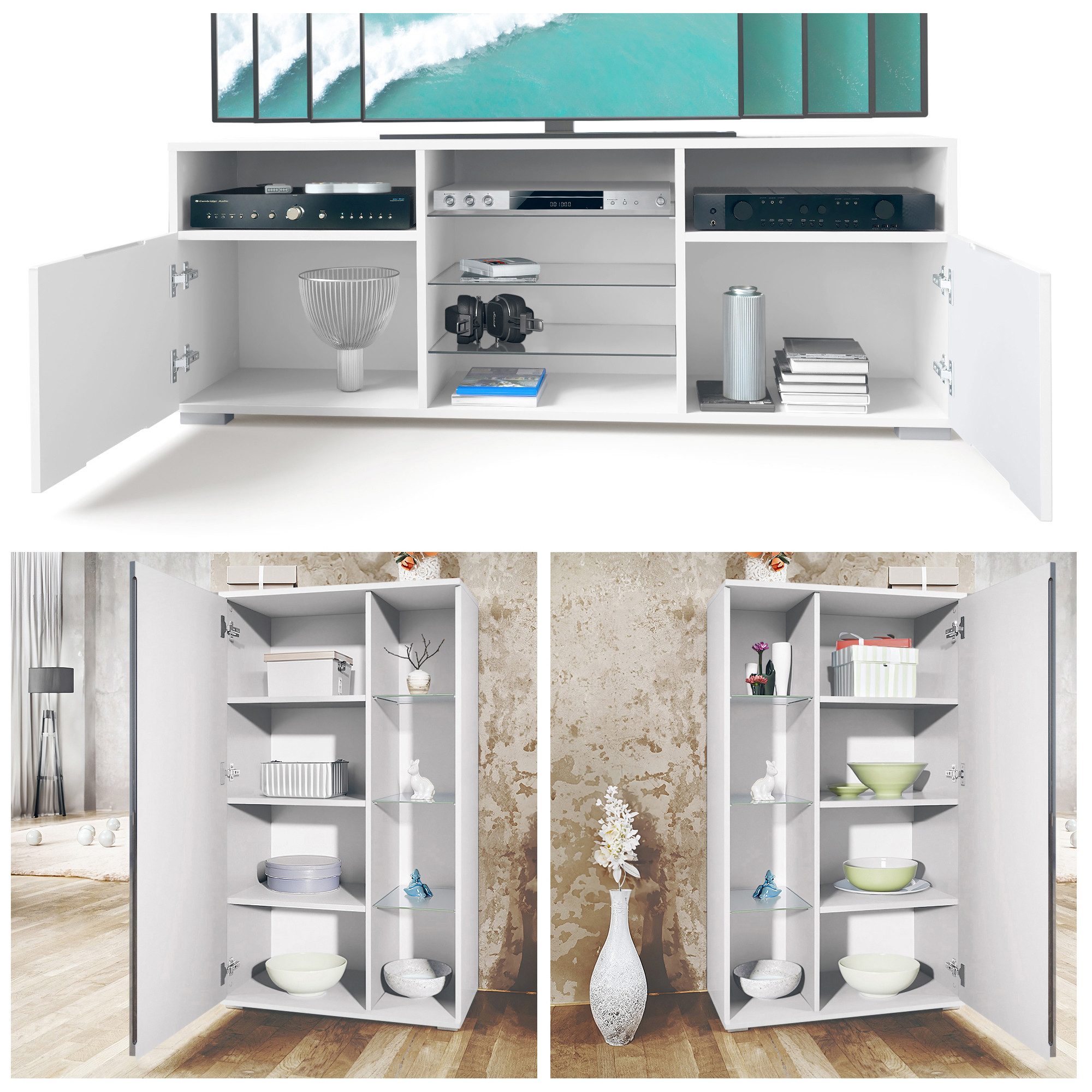 Vladon Wohnwand Davos, (Anbauwand, bestehend aus 2 Vitrinen, 1 TV-Board und LED-Beleuchtung), Weiß matt/Beton Oxid Optik (329 x 134 x 35 cm)