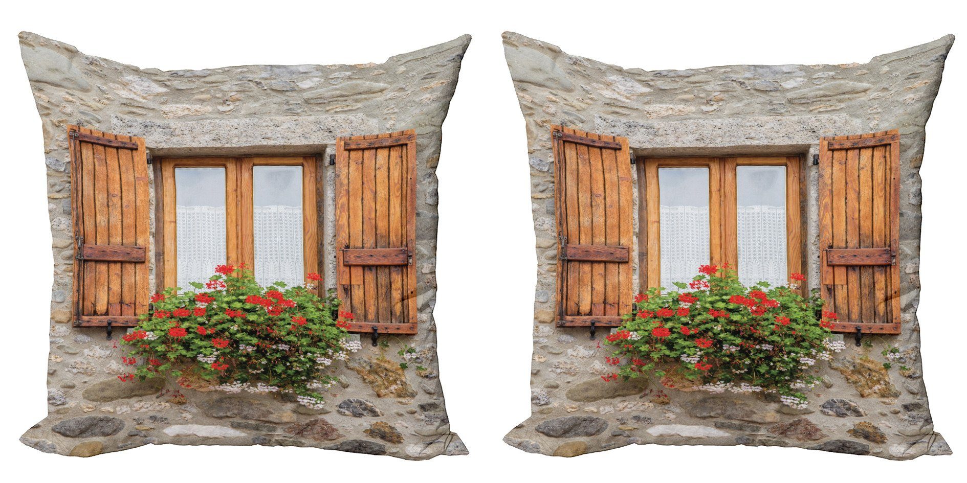 Kissenbezüge Modern Accent Doppelseitiger Digitaldruck, Abakuhaus (2 Stück), Pelargonien Steinhaus mit Fenstern | Kissenbezüge