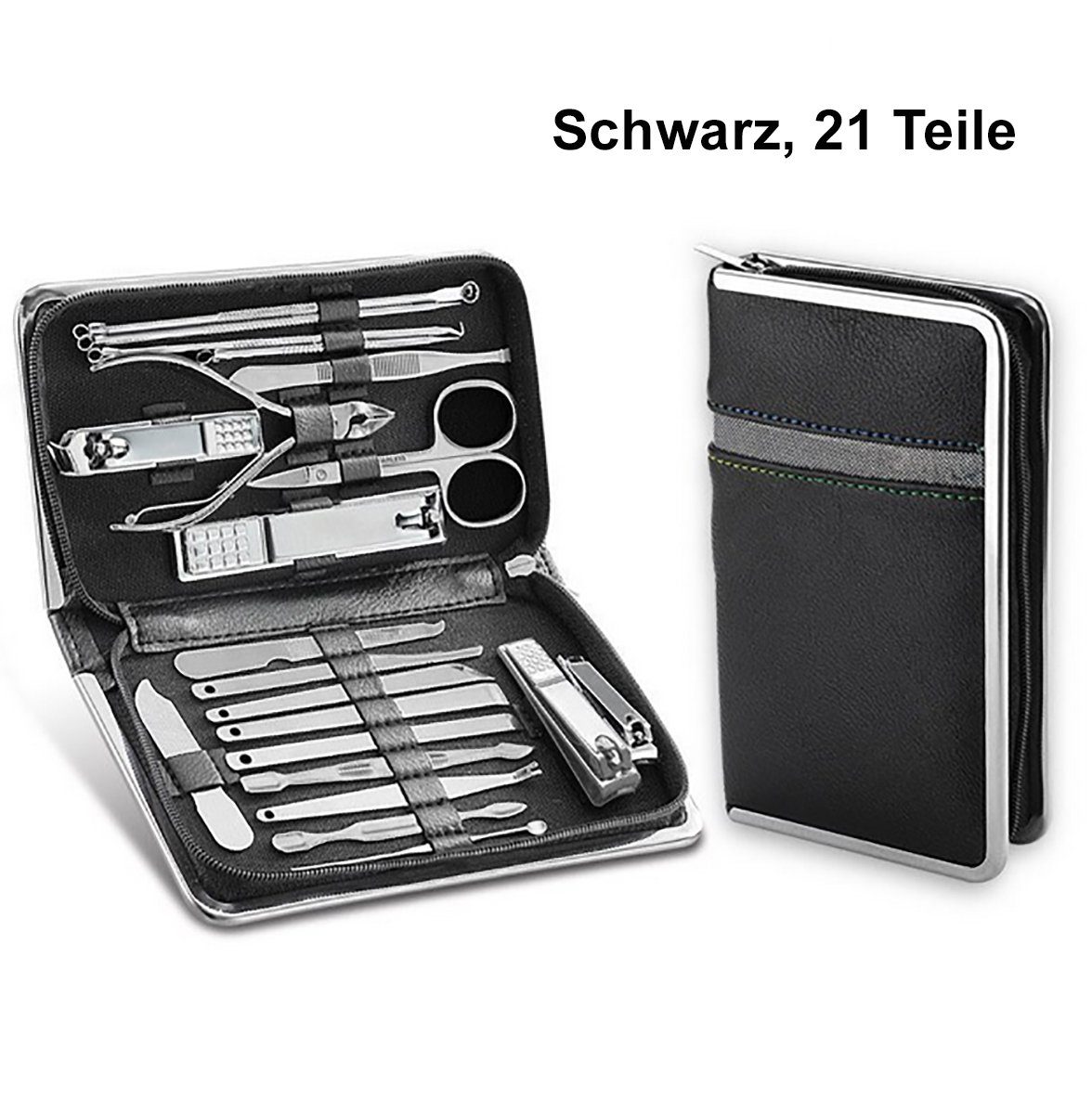 TPFBeauty Maniküre-Pediküre-Set Nagel Set mit Aufbewahrungs-Etui, 21-tlg., Nagelschere, Nagelknipser, Pinzette uvm., Edelstahl Maniküre Set Pediküre Set - Schwarz | Maniküre- & Pediküre-Sets