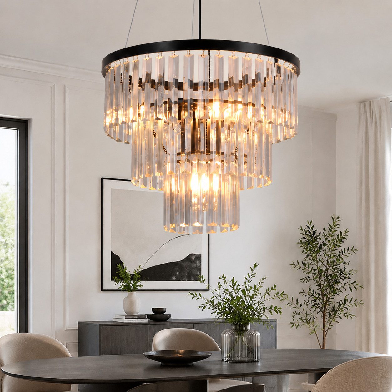 ZMH Pendelleuchte Kristall Ø 40 cm, E27 Hängeleuchte höhenverstellbar, Hochwertige Design, ohne Leuchtmittel, schwarze Hängelampe für Esstisch, Esszimmer und Wohnzimmer