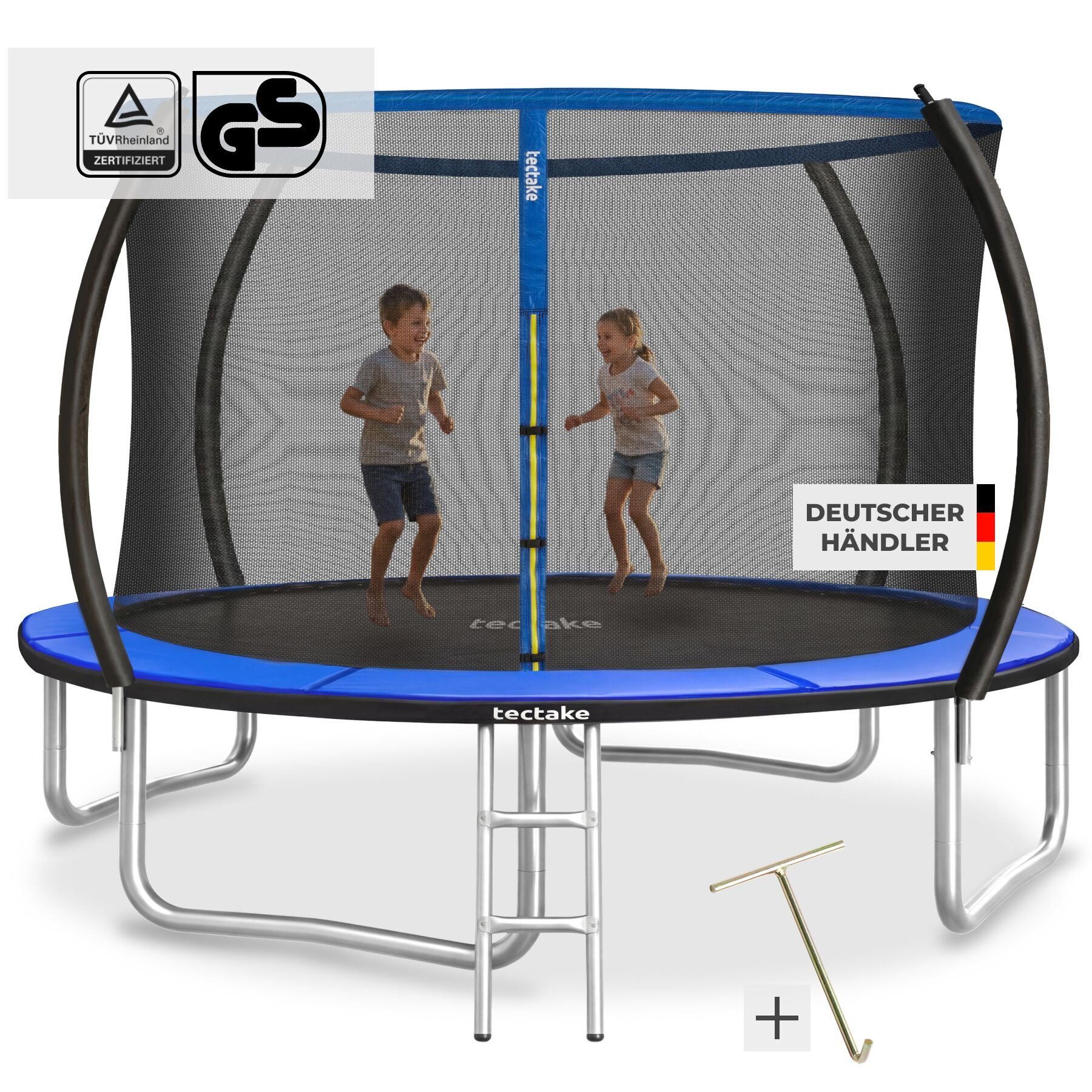 tectake Gartentrampolin Kindertrampolin mit Einstiegsleiter und Sicherheitsnetz Ø 305 cm, (Outdoortrampolin Jumpy, in schwarz/blau), GS zertifiziert, Randabdeckung, reißfestes Sprungtuch