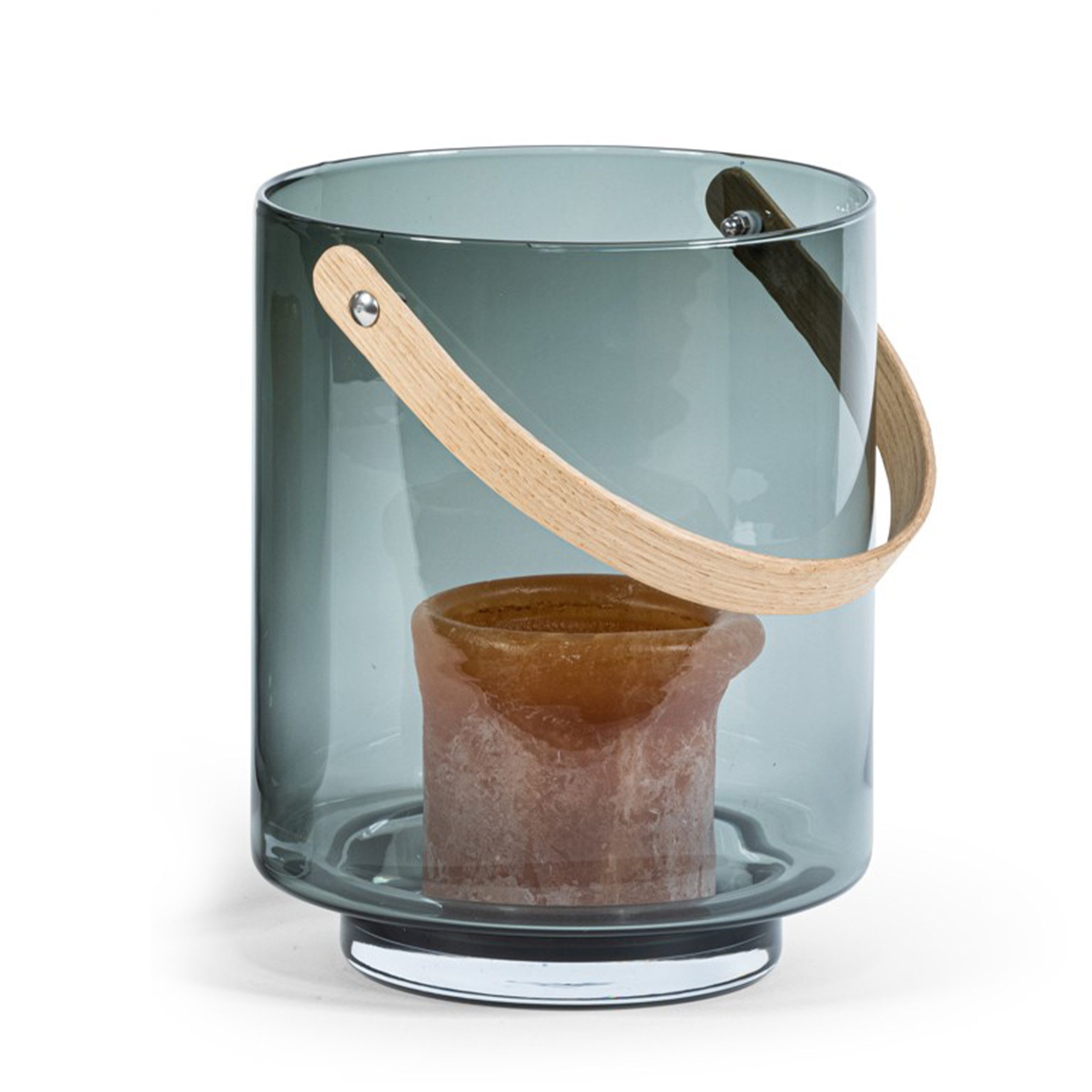 coco+cozy Bodenwindlicht Windlicht Hamptons Ø 22,5x28cm, Glas (Rauchglas), mundgeblasen, Designobjekt, Henkel aus Holz