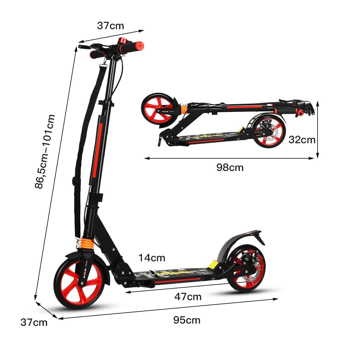 COSTWAY Cityroller Scooter, höhenverstellbar & klappbar, mit Handbremse