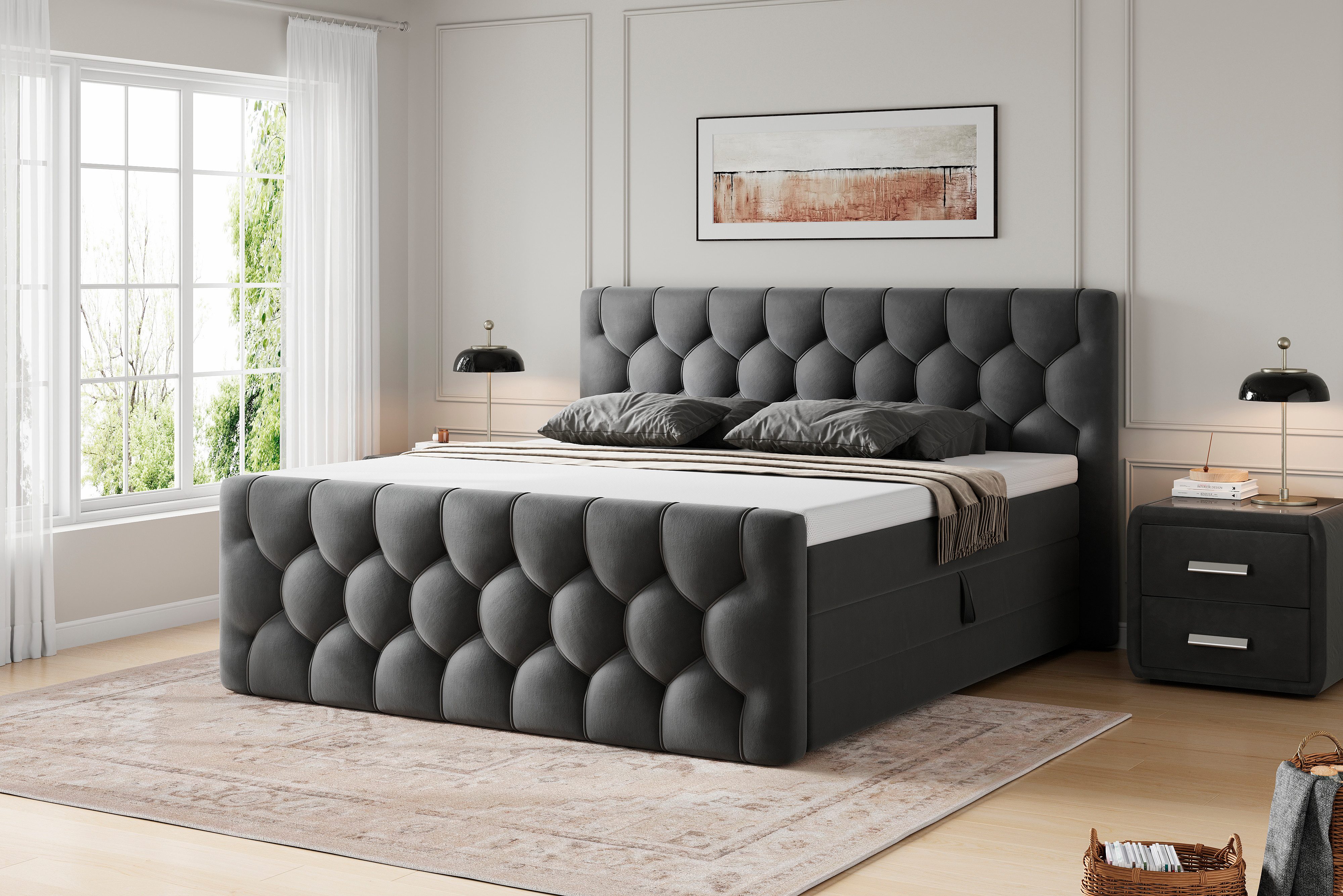 OTTO home Boxbett BASILL, Polsterbett mit Bettkasten und Taschenfederkernmatratze H3 (mit gepolstertem Fußteil), mit 7cm …