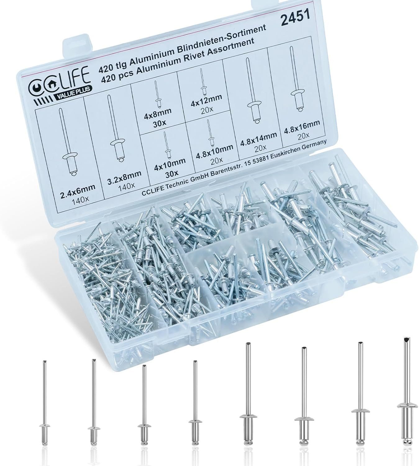 CCLIFE Blindniete Alu Blindnieten Sortiment Popnieten Set Pop Nieten, (420 St)