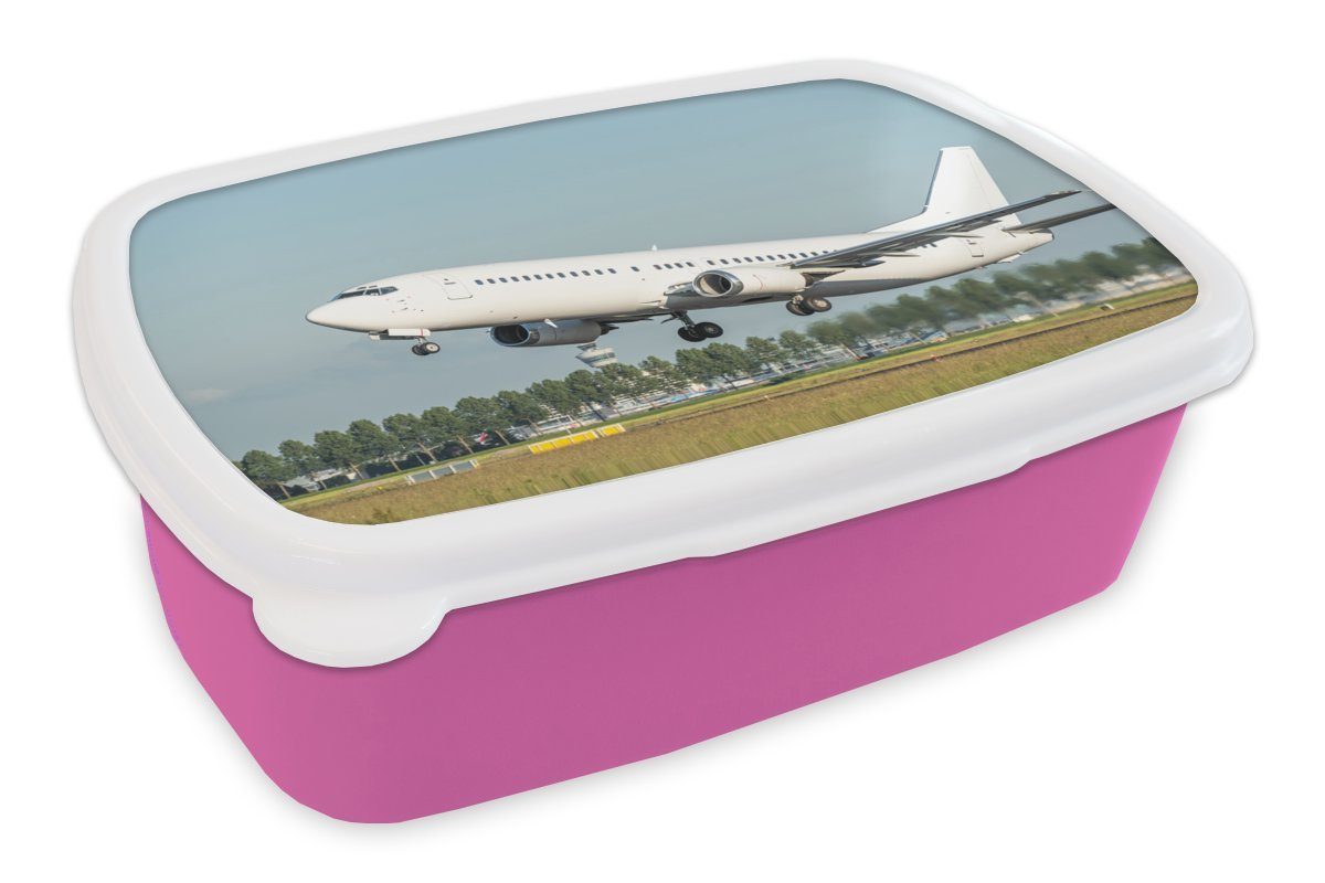 MuchoWow Lunchbox Abfliegende Flugzeuge in Schiphol, Kunststoff, (2-tlg), Brotbox für Erwachsene, Brotdose Kinder, Snackbox, Mädchen, Kunststoff rosa