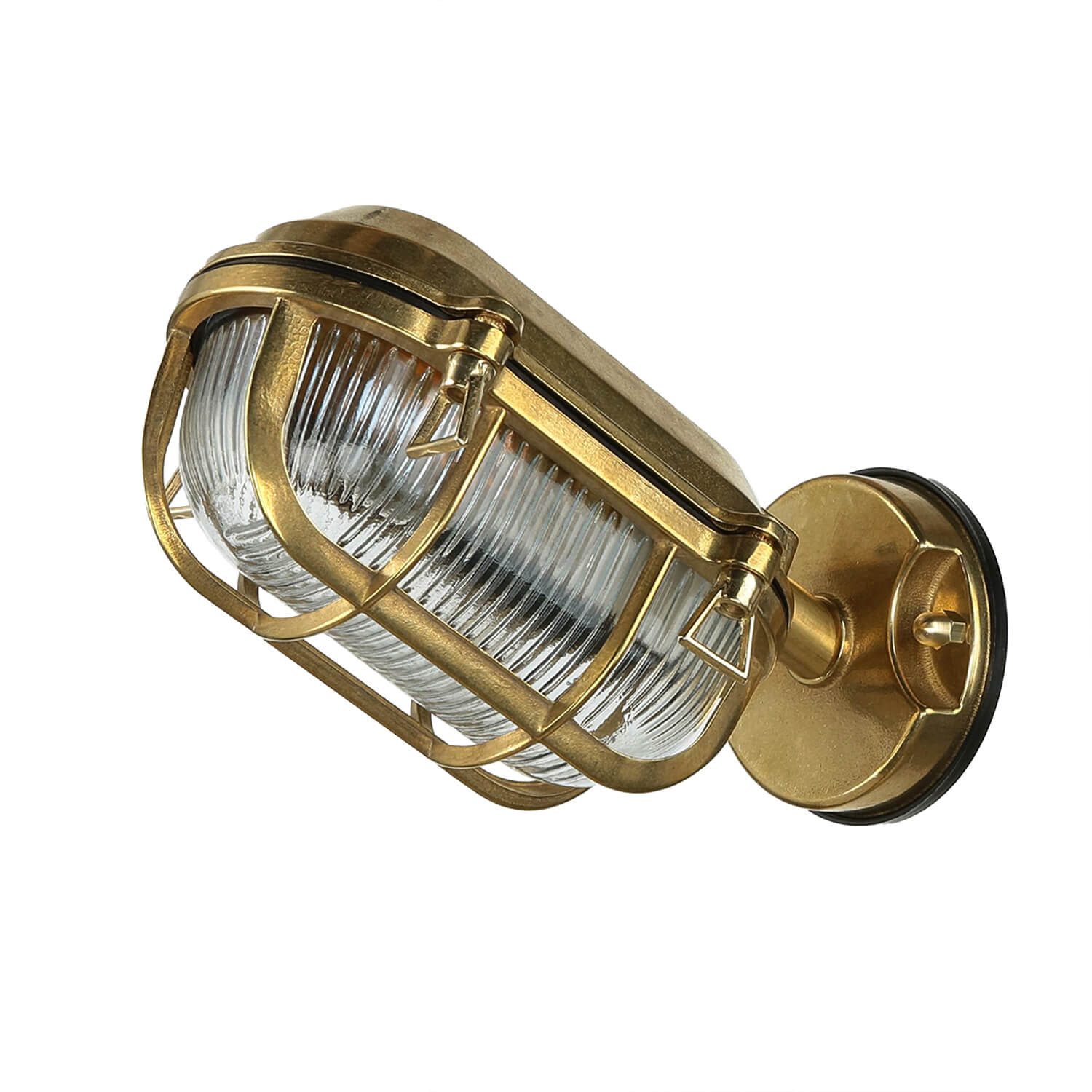 Licht-Erlebnisse Außen-Wandleuchte SKIATHOS, ohne Leuchtmittel, Schiffslampe Messing Glas Schirm geriffelt IP64 Haus Balkon