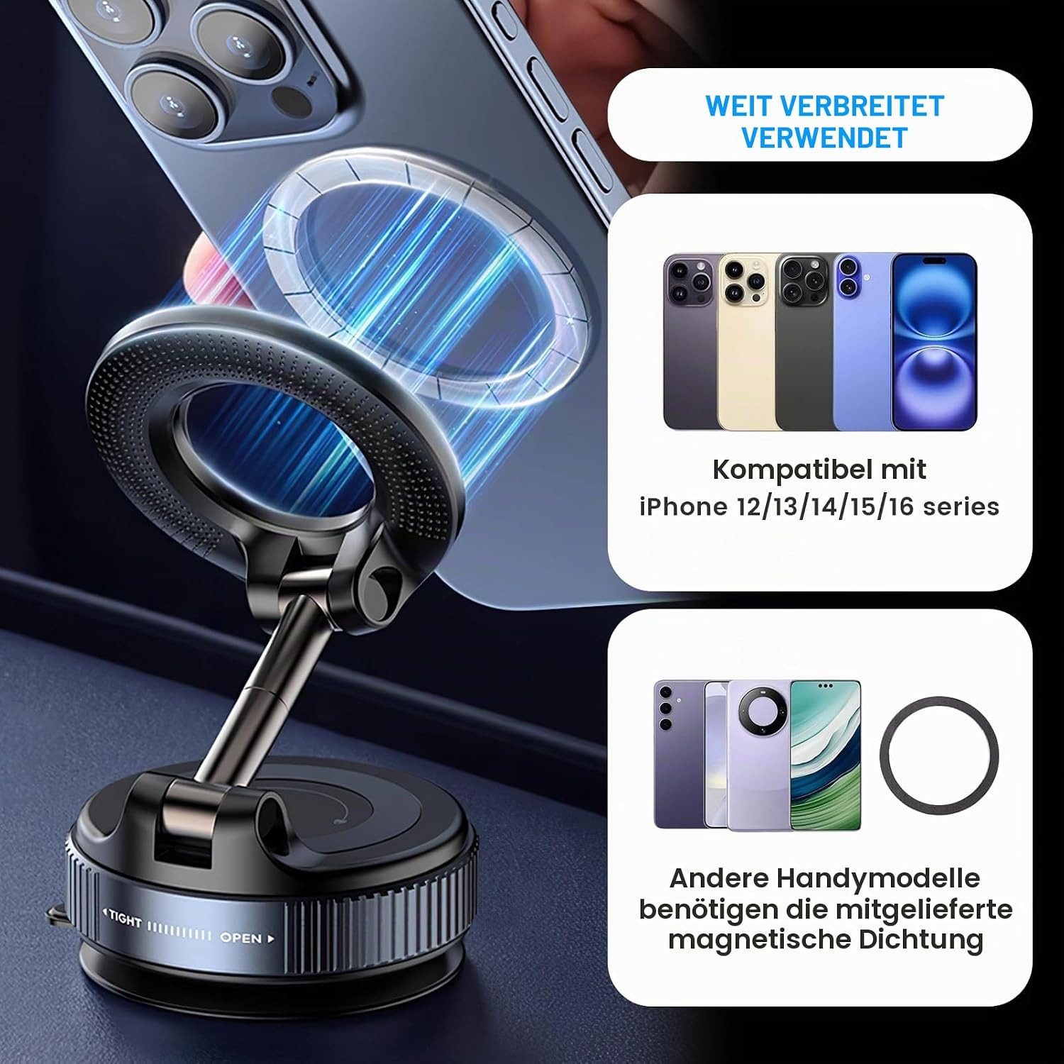 Solryn Handy-Halterung Magnetische Handyhalterung Auto Vakuum Saugnapf N52 360° Klappbar, (bis 7 Zoll, Magnet Handyhalterung Auto Saugnapf 360° klappbar KFZ, Magnetische Handyhalterung mit Saugnapf, Metallring und Klebepad, 360° drehbar, klappbar, N52 Magnete, Vakuum-Saugnapf)