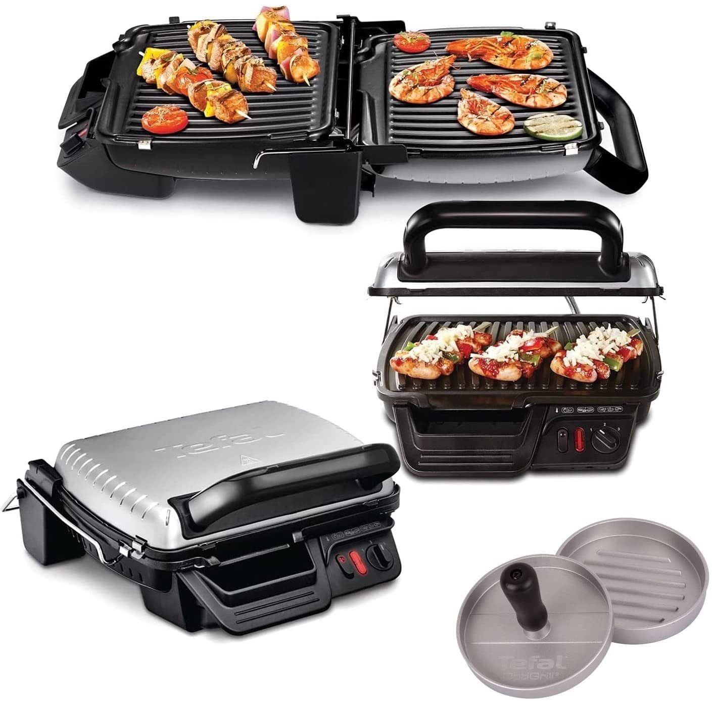 Tefal Kontaktgrill mit Hamburgerpresse, Tefal Kontaktgrill und regelbarer Thermostat, GC306, W, 3in1 2000 doppelter Überback-Funktion Platten Tischgrill/BBQ Aufklappbar Elektrischer Grill + mit Watt Optigrill Grillfläche Antihaft 2000