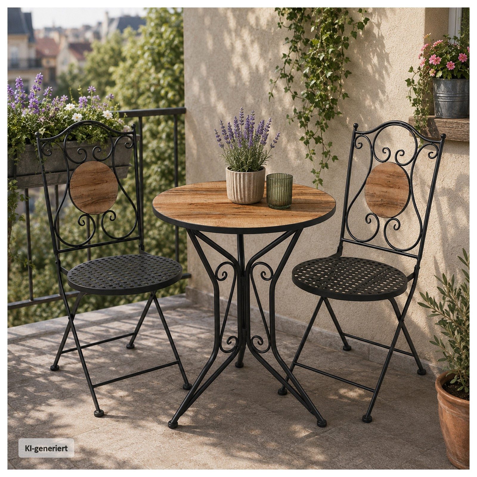 HTI-Living Garten-Essgruppe Sitzgruppe Metall Bistro Set mit Motiv Holz für Balkon und Terrasse, (Set, 3-tlg., 1 Tisch 2 Stühle), Sitzgruppe Essgruppe Balkonset