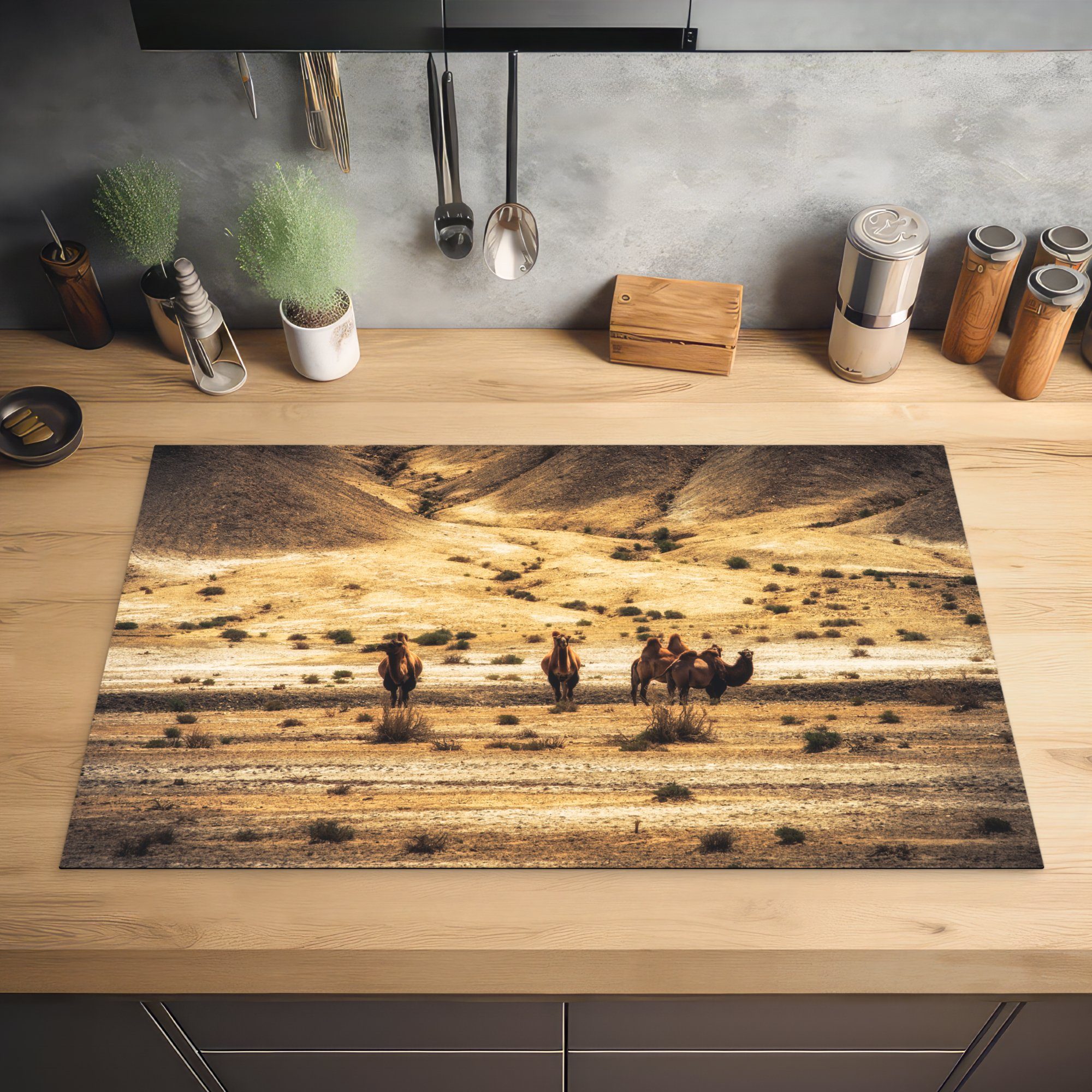 MuchoWow Herdblende-/Abdeckplatte Kamele Gobi, der küche in Arbeitsplatte Vinyl, 83x51 (1 tlg), für cm, Wüste Ceranfeldabdeckung
