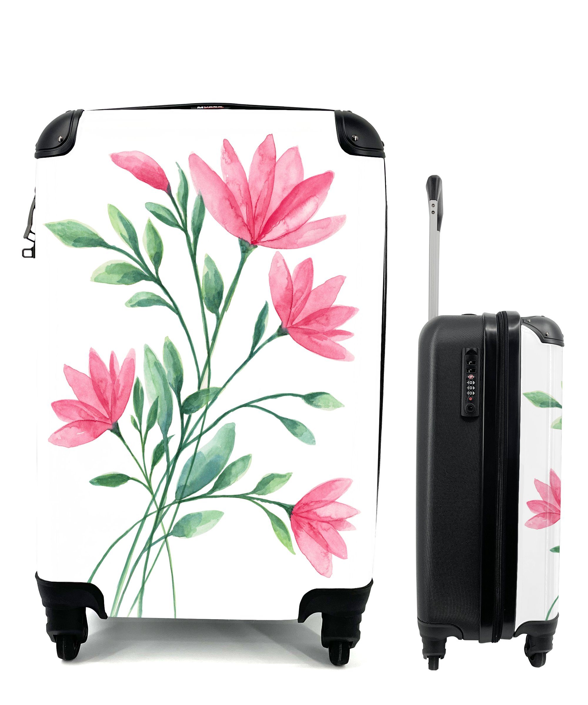 Handgepäckkoffer 4 Trolley, - Rosa, Aquarell Rollen, Reisekoffer Ferien, für mit Blumen MuchoWow Reisetasche rollen, - Handgepäck