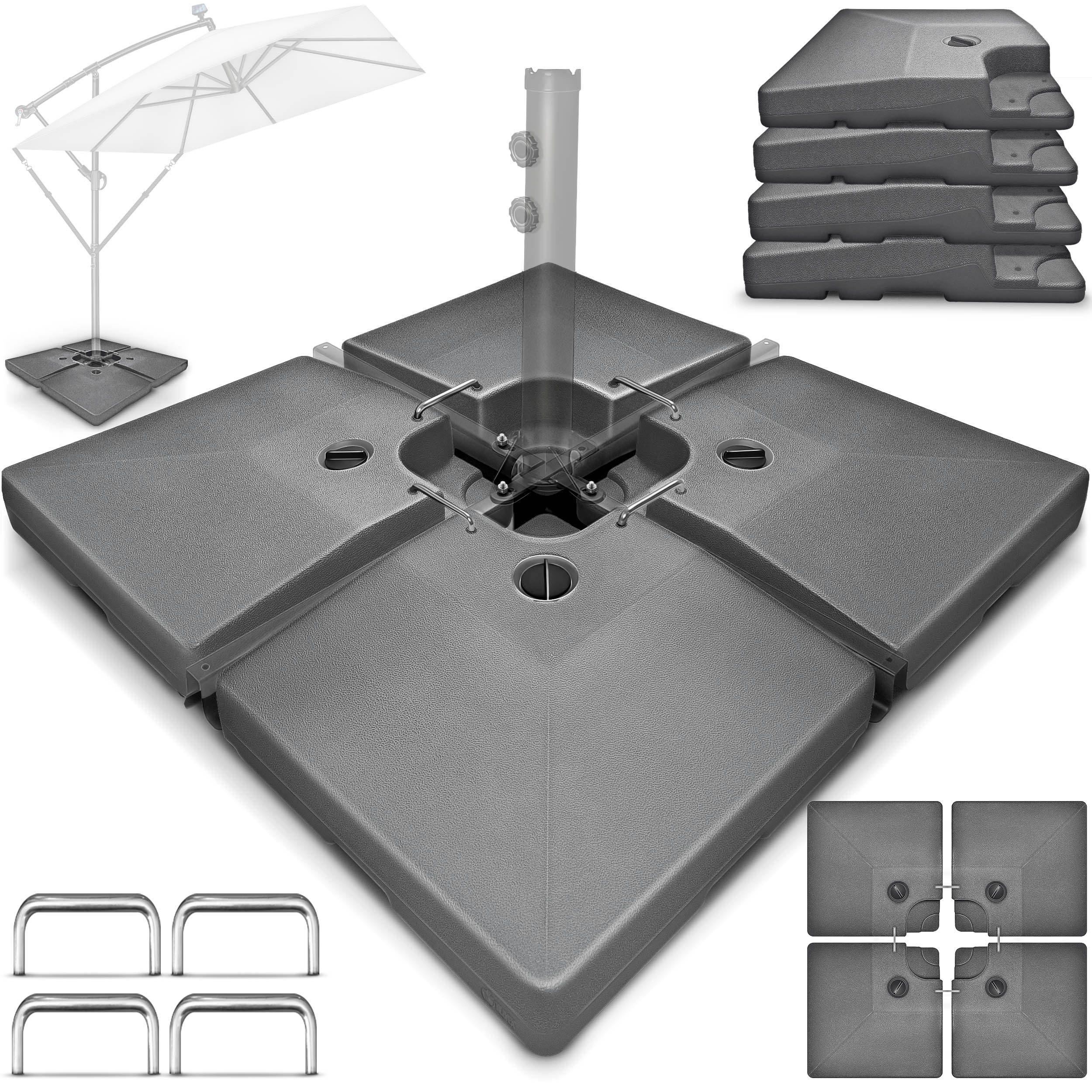 tillvex Sonnenschirm tillvex® Sonnenschirmständer 90L / 120kg Schirmständer Schirmgewicht, Schirmständer Ampelschirmständer wetterfest, Sonnenschirmständer 90 Liter / 120 kg – 4-teilig für Ampelschirm