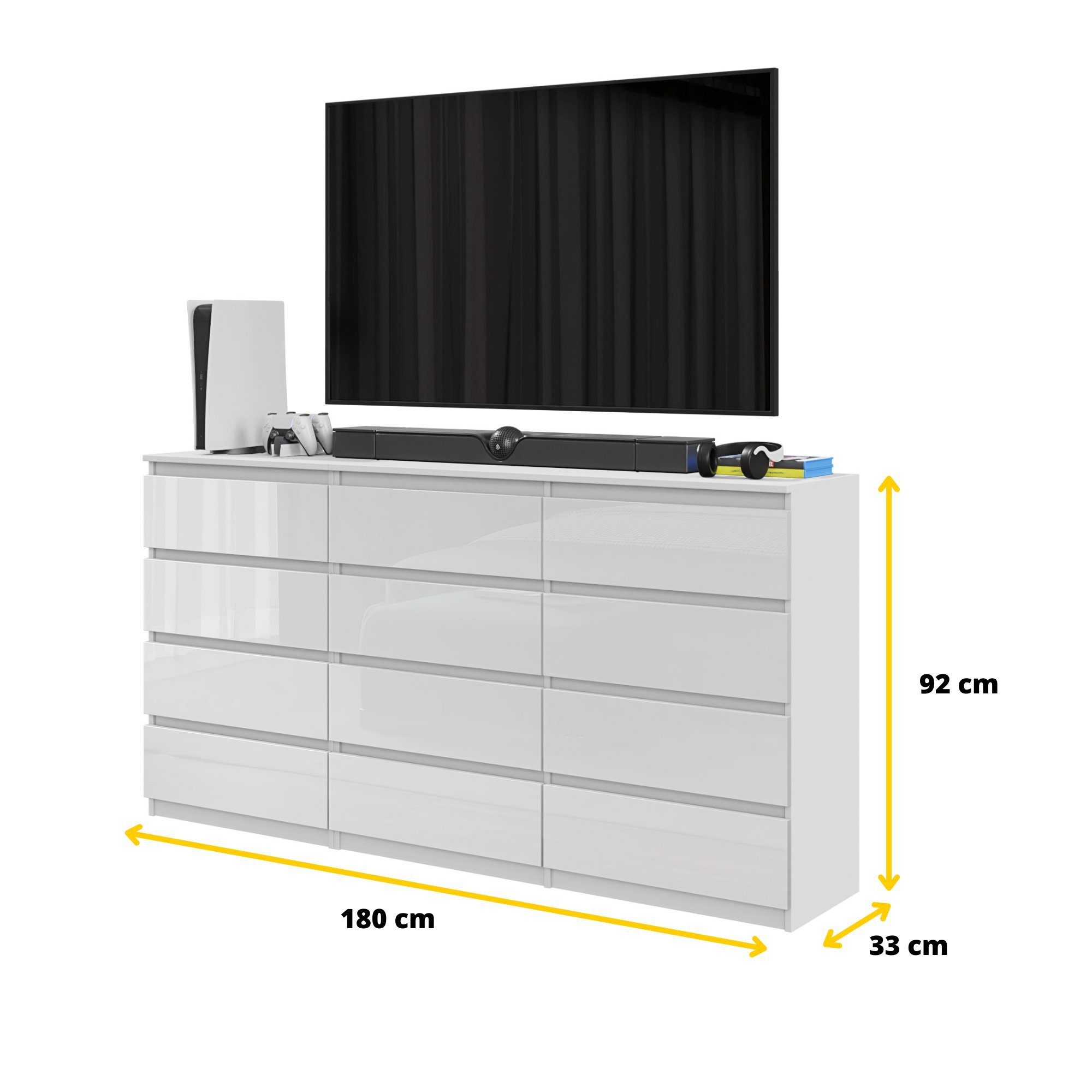 Furnica Kommode GABRIEL 8+4 Schubladen-Weiß Matt H92cm B180cm T33cm