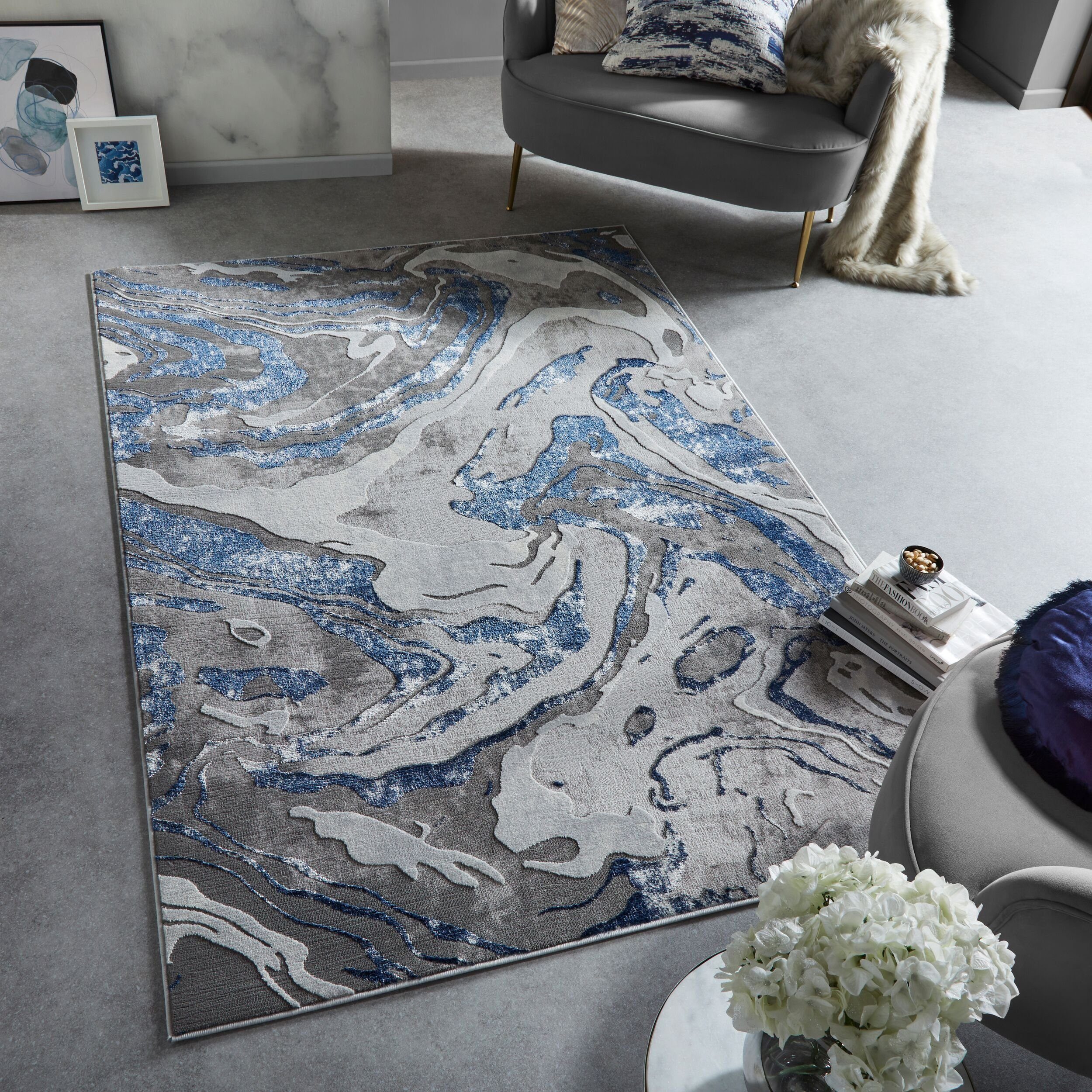 KADIMA DESIGN Teppich OUSE Marmor-Teppich elegant schimmernd Marmoroptik 80x150 Blau-Grau, Läufer, Höhe: 16 mm, Polypropylen-Polyester, weich, Wohnzimmer, Schlafzimmer, Esszimmer