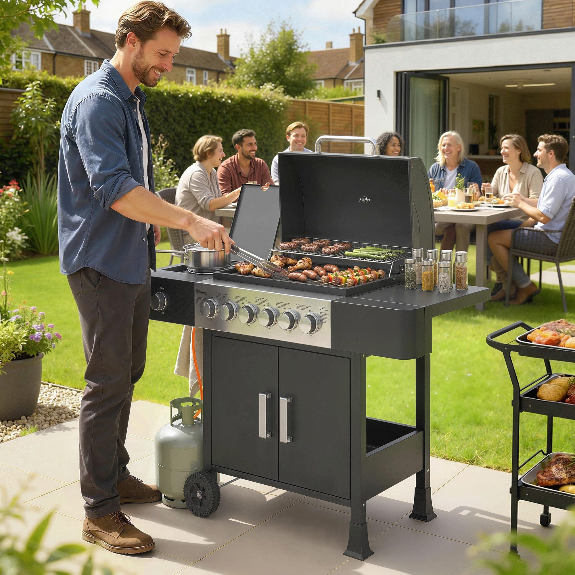 Outsunny Gasgrill inkl 17,8 KW 6+1 Brenner aus Edelstahl Rolle, Gas-Grill, BBQ Grillwagen, für Balkon BBQ Party