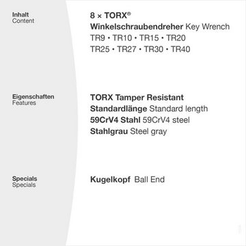 TORX Torxschlüssel TR Winkelschraubendreher Set TX9–TX40 8tlg - Stahlgrau, mit Kugelkopf