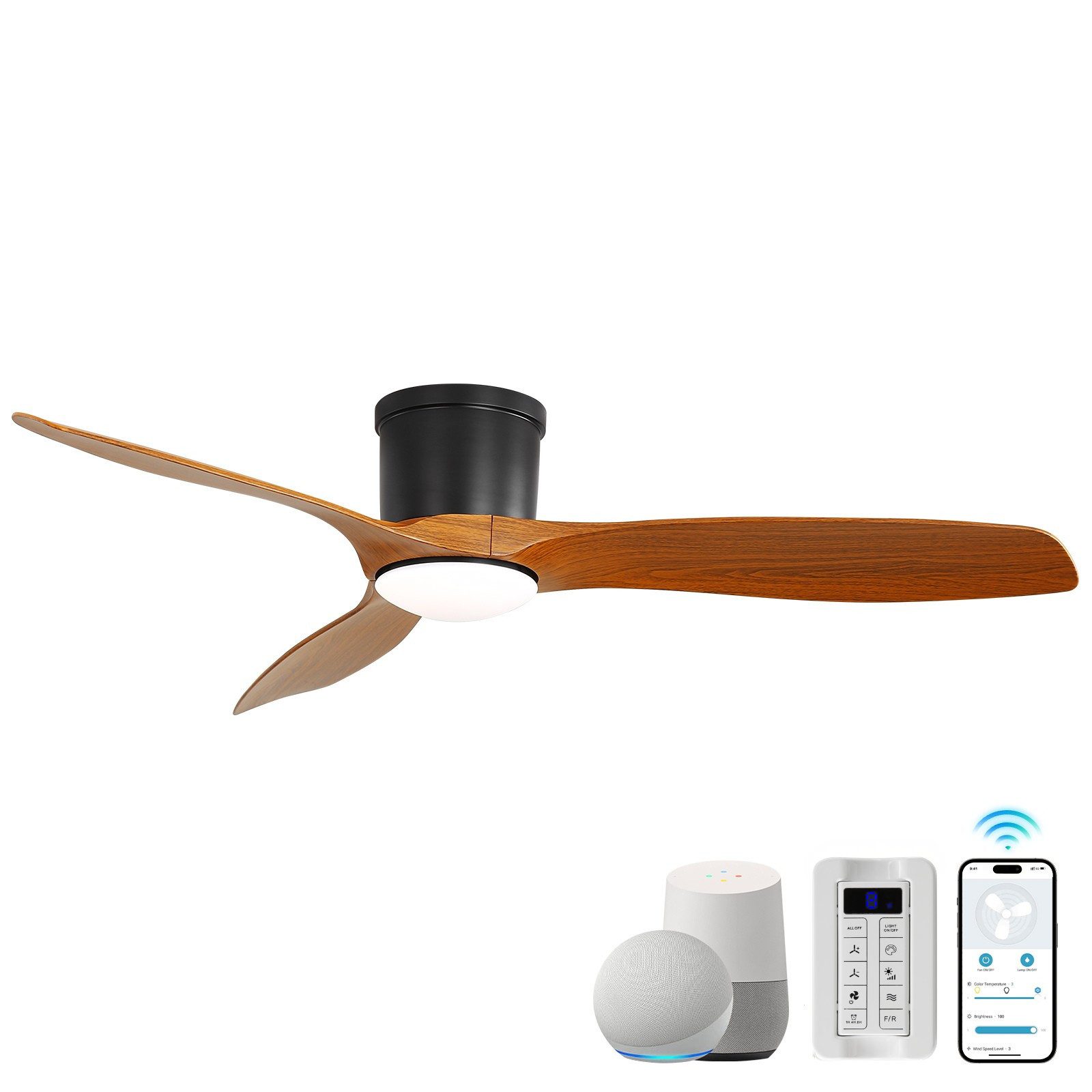 Sofucor Deckenventilator mit Licht und Fernbedienung, Schwarz, 132 cm, 3 ABS-Flügel