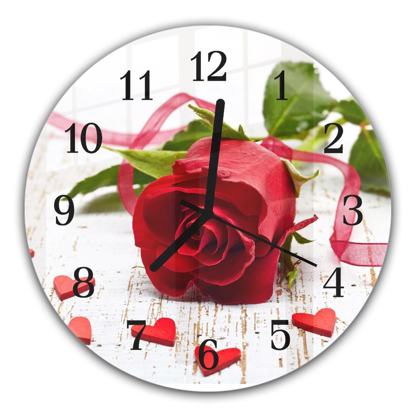 Primedeco Wanduhr Wanduhr aus Glas mit Motiv Rote Rose und Herzen - Rund mit Durchmesser 30 cm und Quarzuhrwerk