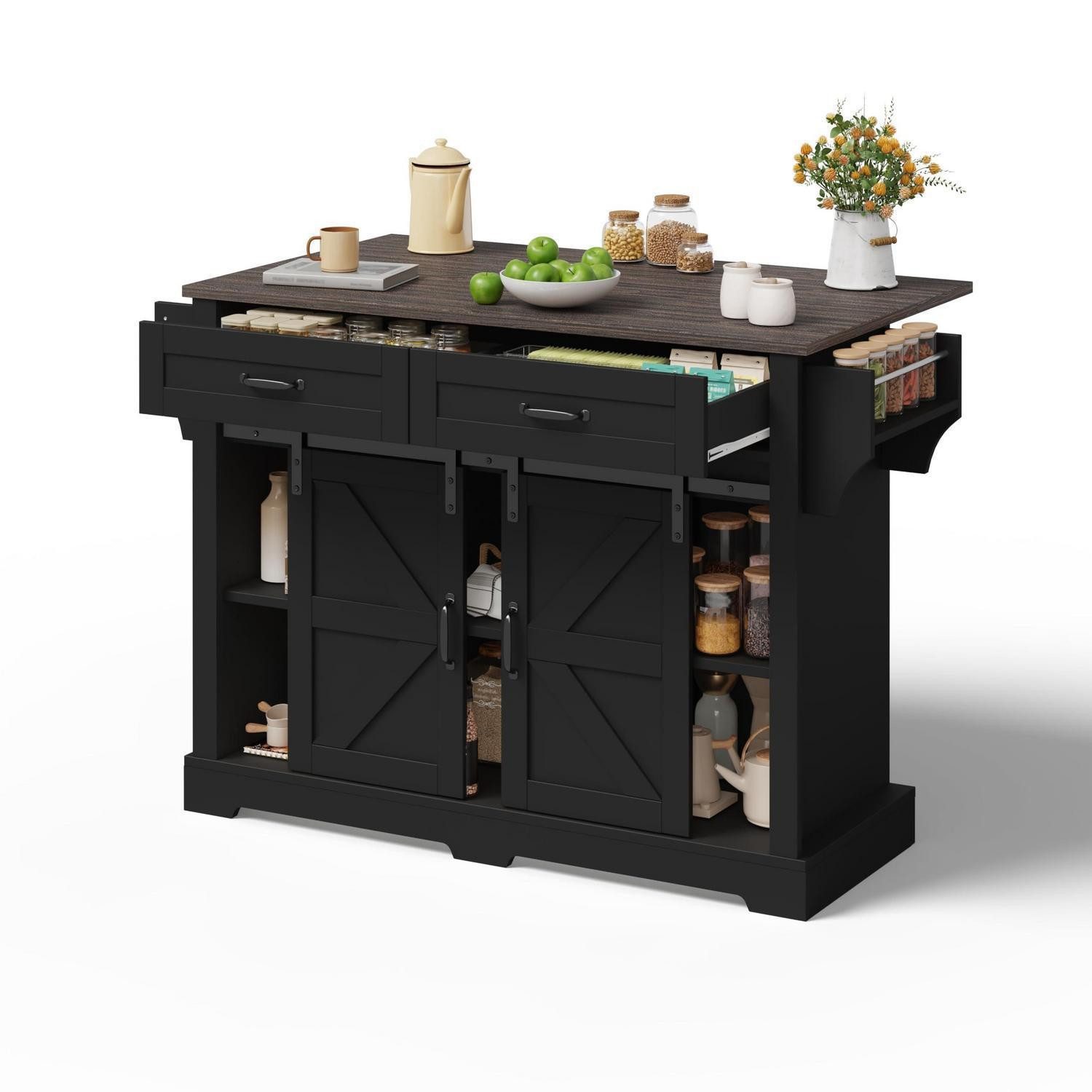 Kücheninsel Küchenwagen Rollen Klappplatte Schiebetüren Schwarz 120x45(70)x91 cm