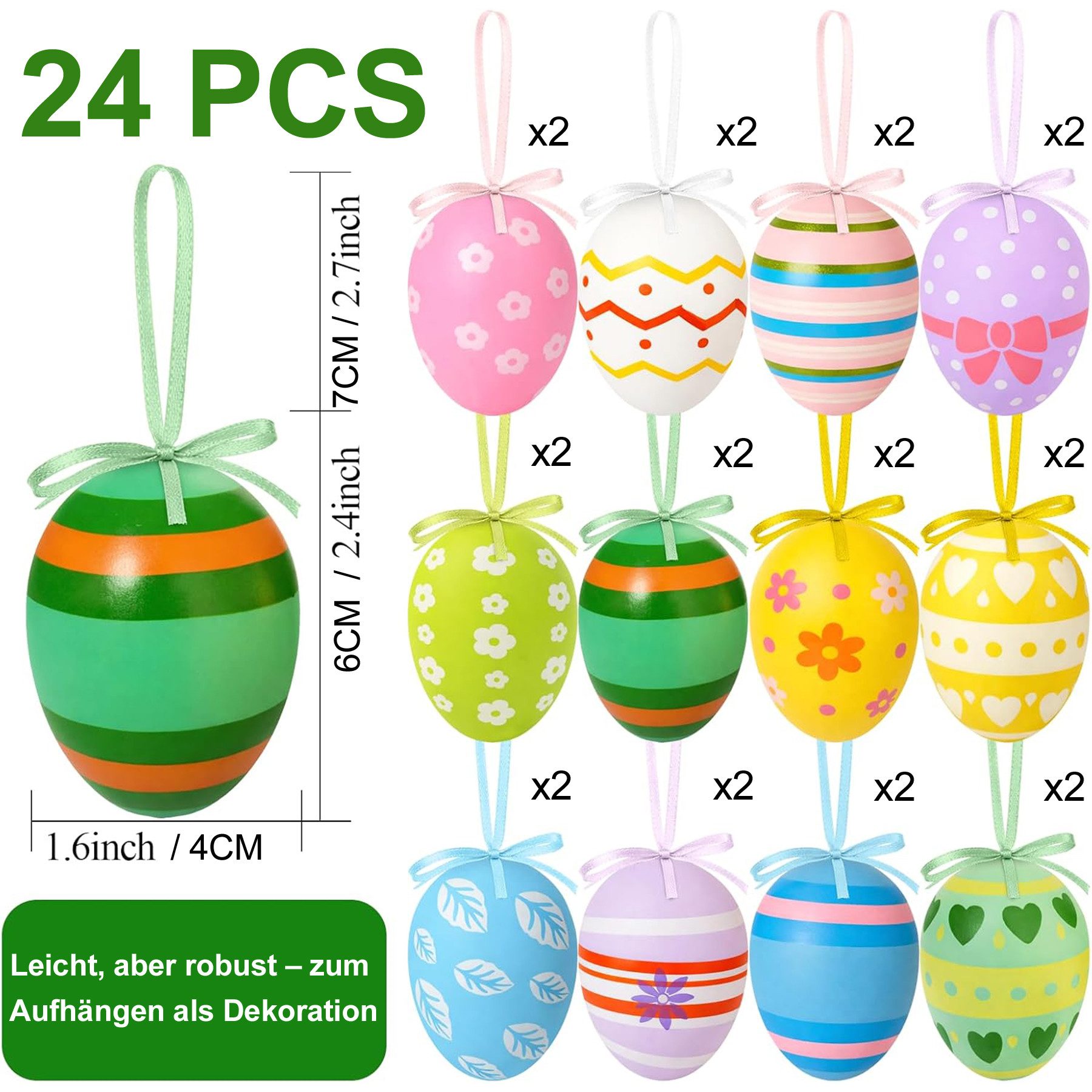 Mutig Osterei Ostereier zum Aufhängen,24 Stück Ostereier aus Kunststoff (mit Schnur zum Aufhängen Gesprenkelte Hängedeko, Osterdeko in Schönen Pastellfarben), Deko Ostern für den Osterstrauß mit Motiv-Größe: 6 cm
