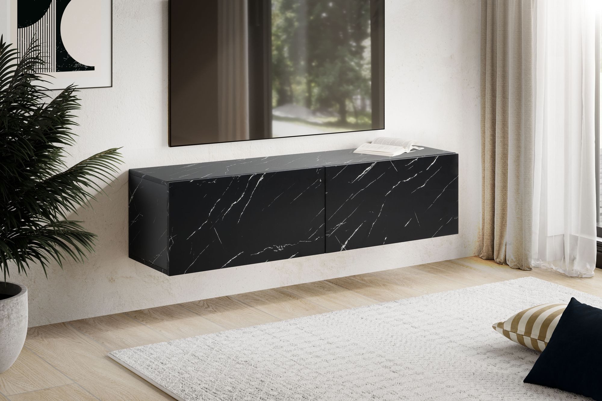 Wohnling Lowboard WL6.863 TV Schrank Hängend 120 cm Marmor-Optik Schwarz TV-Kommode (Marmor-Optik Schwarz 120x30x30 cm mit zwei Türen), TV-Kommode Hoch, TV-Schrank Modern, Fernsehtisch