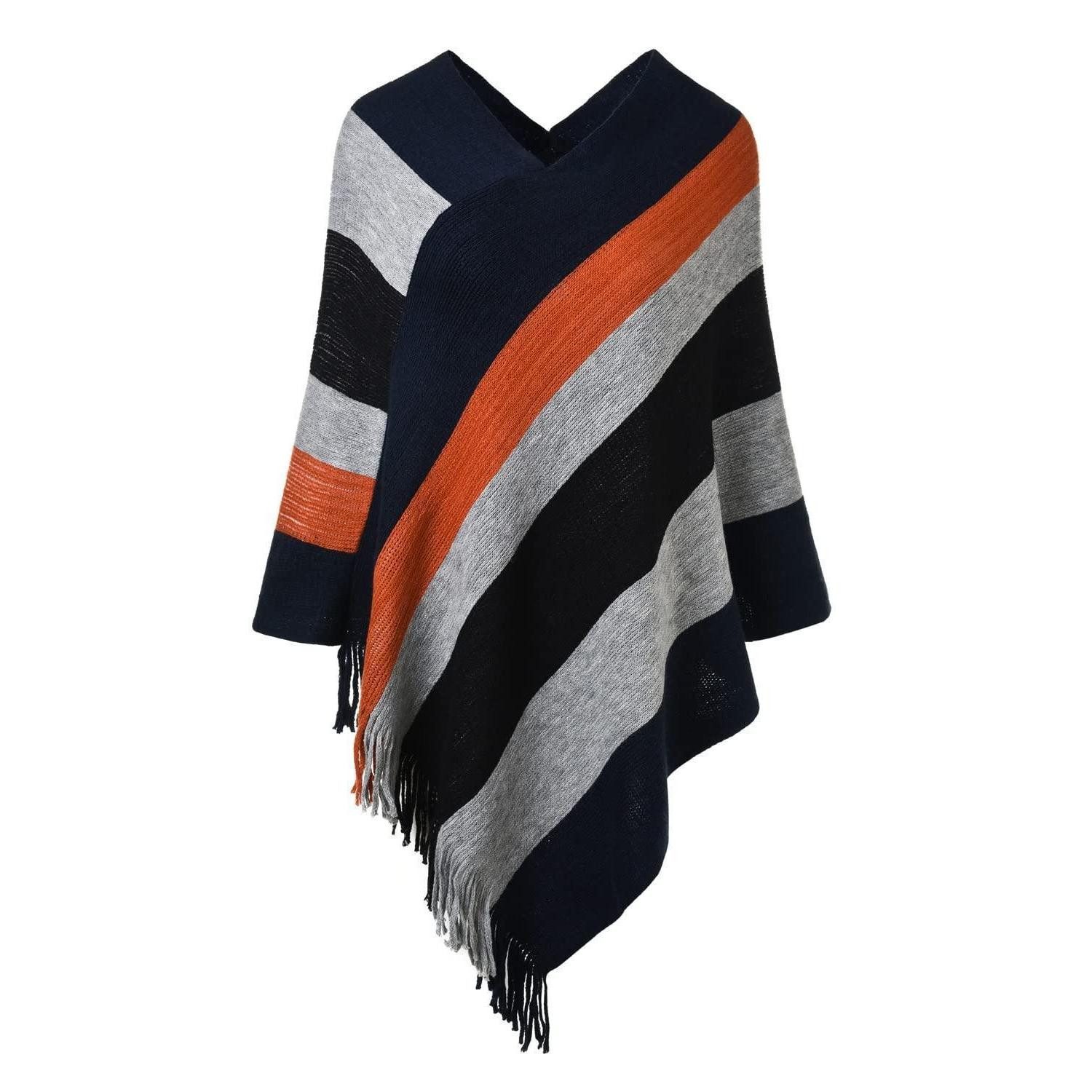 LuxusKollektion Poncho Poncho Damen Gestreift mit Fransen Marineblau & Schwarz (1-St)