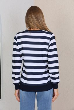 Bongual Sweatshirt langarm Streifen V-Ausschnitt dunkelblau-weiß