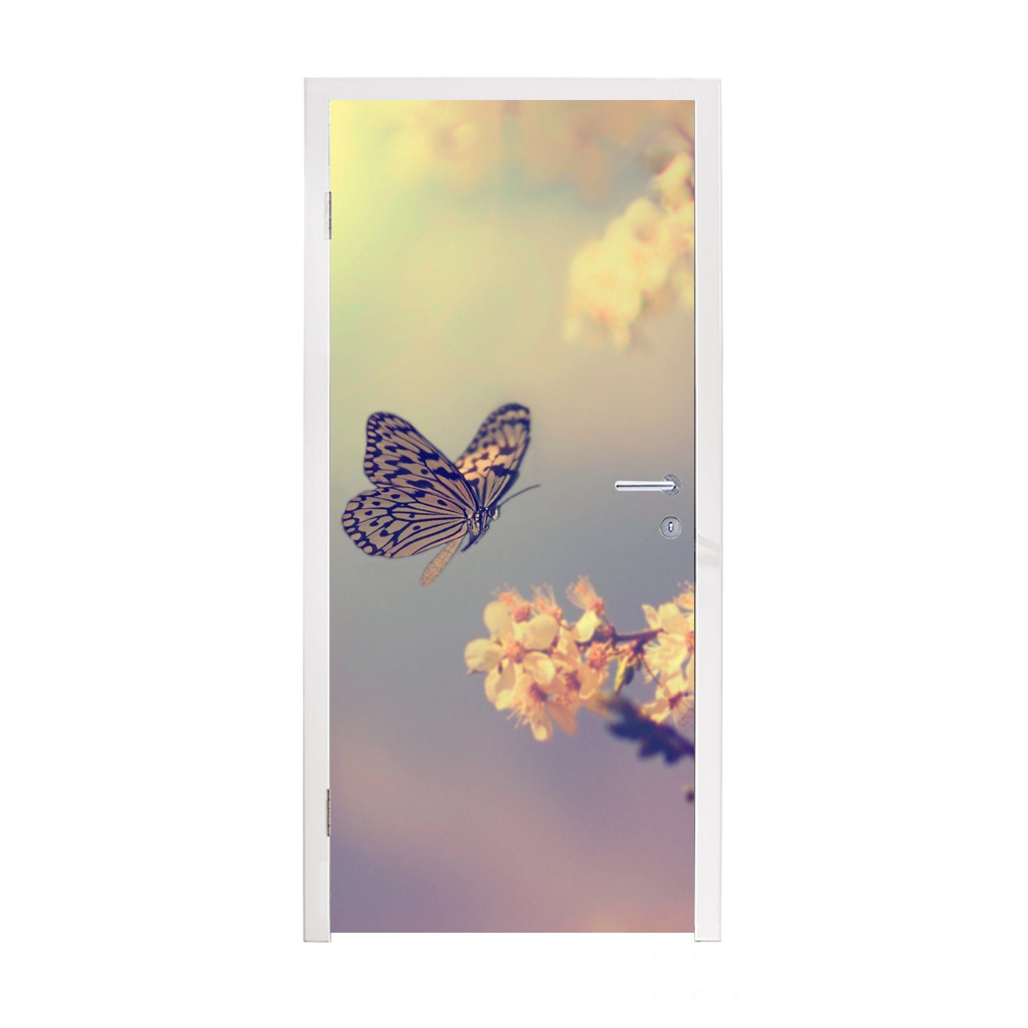 Baum, MuchoWow Matt, (1 75x205 Tür, Fototapete Türtapete Blüte bedruckt, Schmetterlinge - cm St), für Zweig - Türaufkleber, -