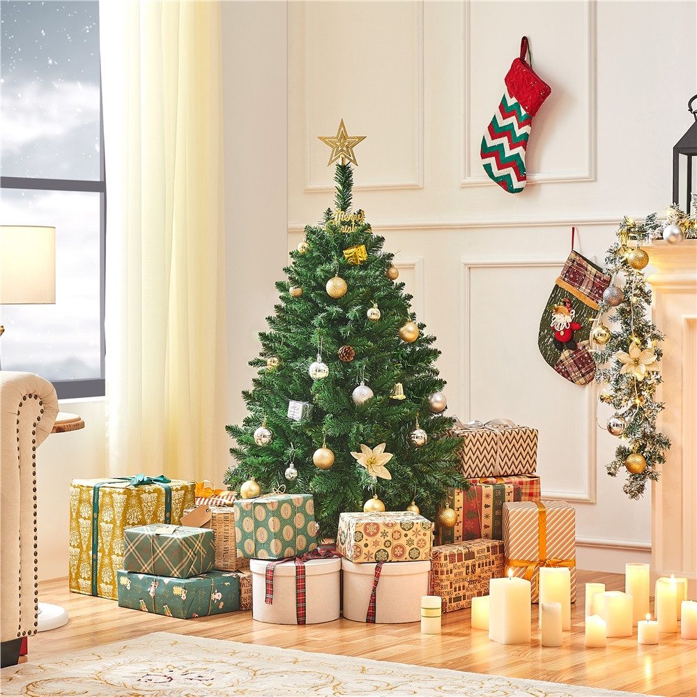 Yaheetech Künstlicher Weihnachtsbaum 124/152,5/183/213,5 cm H, Stabiler Christbaum Metallständer mit Holzmaserung