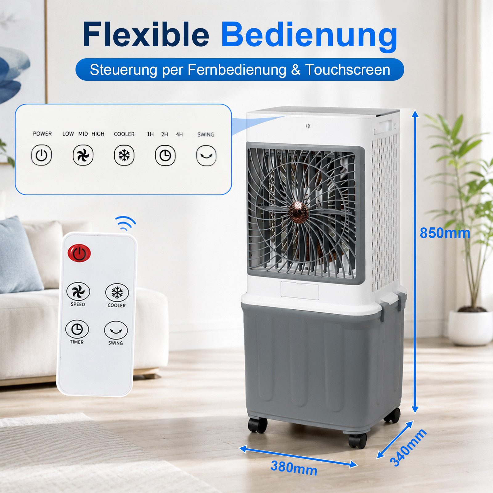 Rosnek Ventilatorkombigerät Mobile Klimaanlage 4-in-1 mit Fernbedienung,32L Wassertank, 30 Std., Luftkühler, ohne Abluftschlauch, 70W leise, für Büro & Schlafzimmer