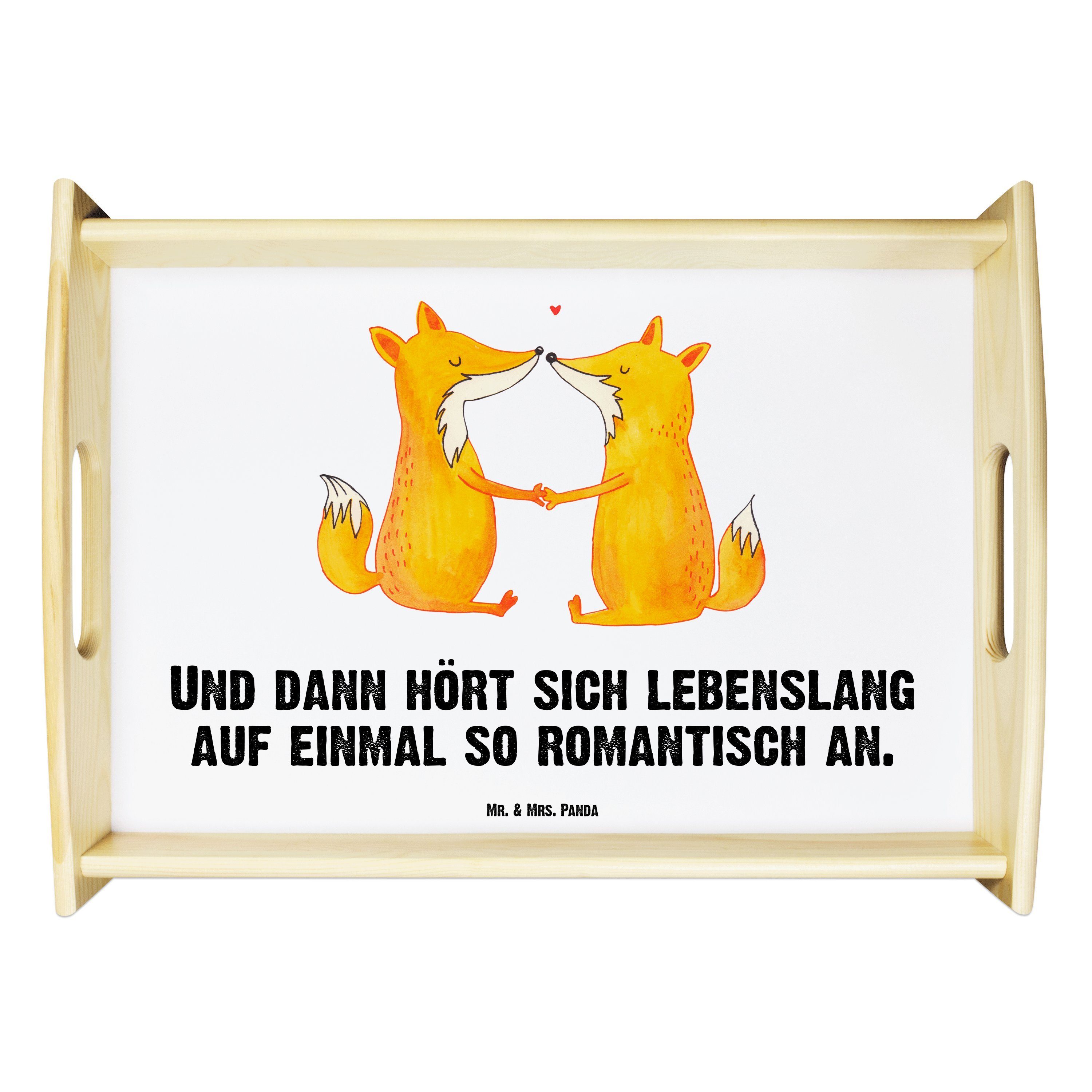 Mr. & Mrs. Panda Tablett Füchse Liebe - Weiß - Geschenk, Frühstückstablett, Händchen halten, F, Echtholz lasiert, (1-tlg)