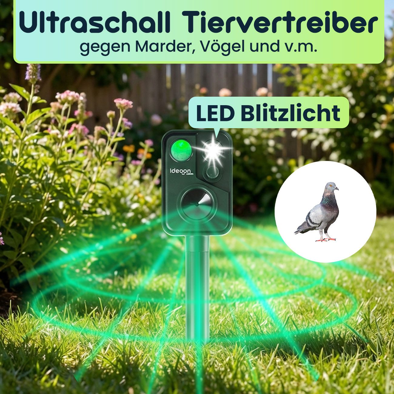 shop'n smile ideoon Wasserstrahl-Tiervertreiber Zuverlässiger Solar-Tierschreck gegen Marder, Vögel, 2-tlg., mit PIR-Sensor & LED Blitzlicht - 13,5-45,5 Hz – Bild 3 von 5