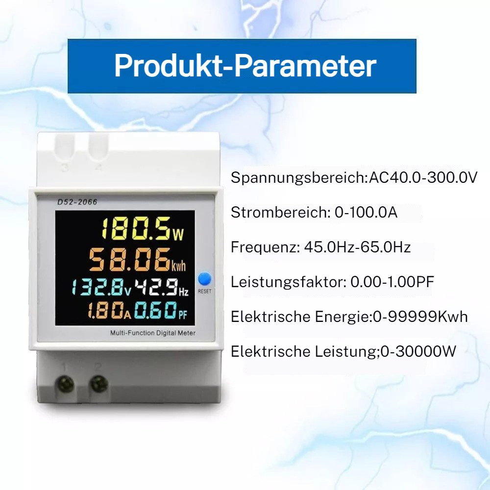 PRIISF Wechselstromzähler AC 40-450V LCD Digital 100A Stromzähler DIN Hutschiene Zwischenzähler, Digitaler 6-in-1 Stromzähler Hutschiene, LCD Farbdisplay Multimeter, Wechselstromzähler Ampere Wattmeter RC Batterie Leistungsanalysator, für Spannung Strom Wirkleistung Energie (kWh) Frequenz Leistungsfaktor