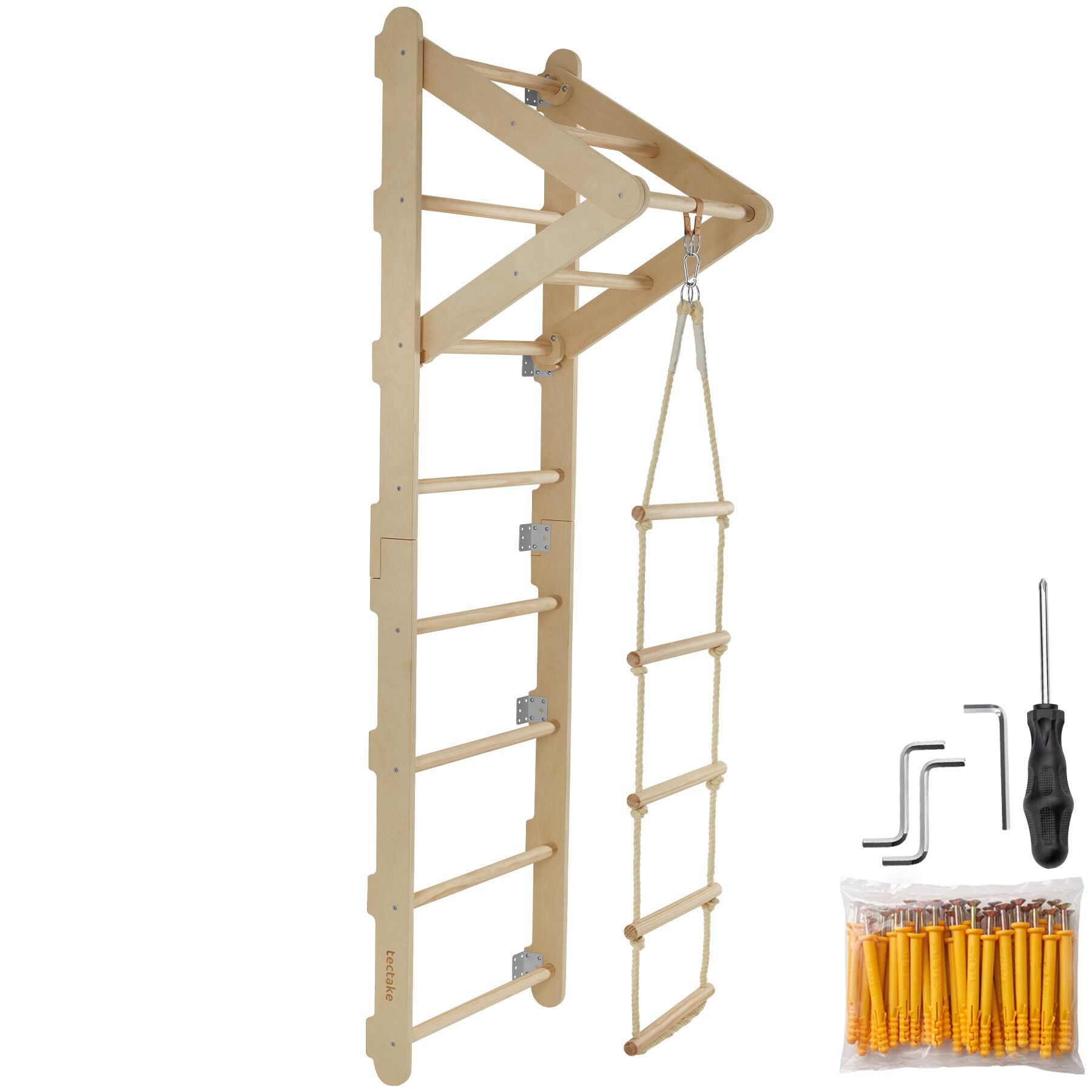 tectake Klettergerüst Sprossenwand, 4in1, höhenverstellbare Turnringe, Strickleiter und Klimmzugstange